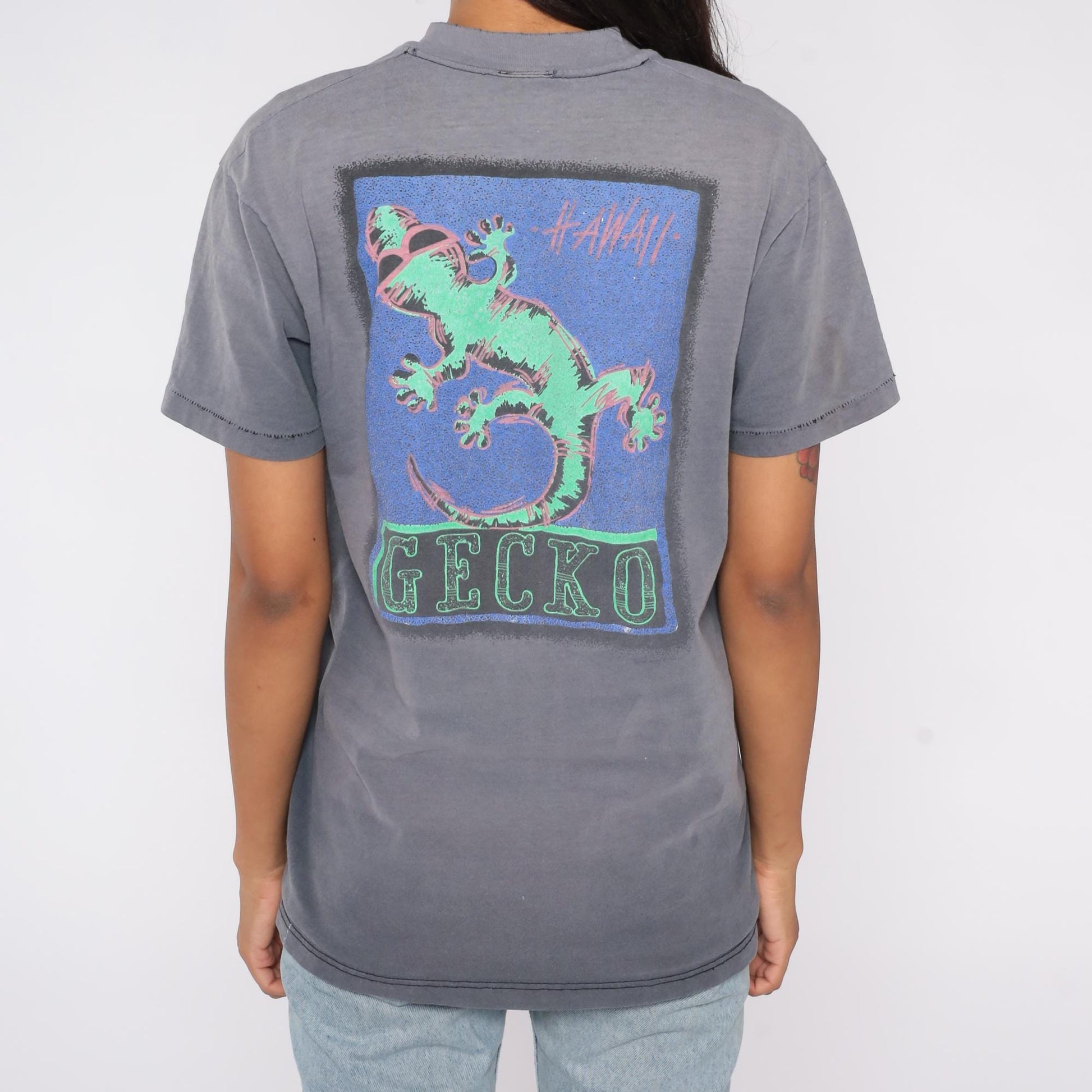 90s Gecko Hawaii Surf Tee Gray Neon Graphic Cotton Large L
