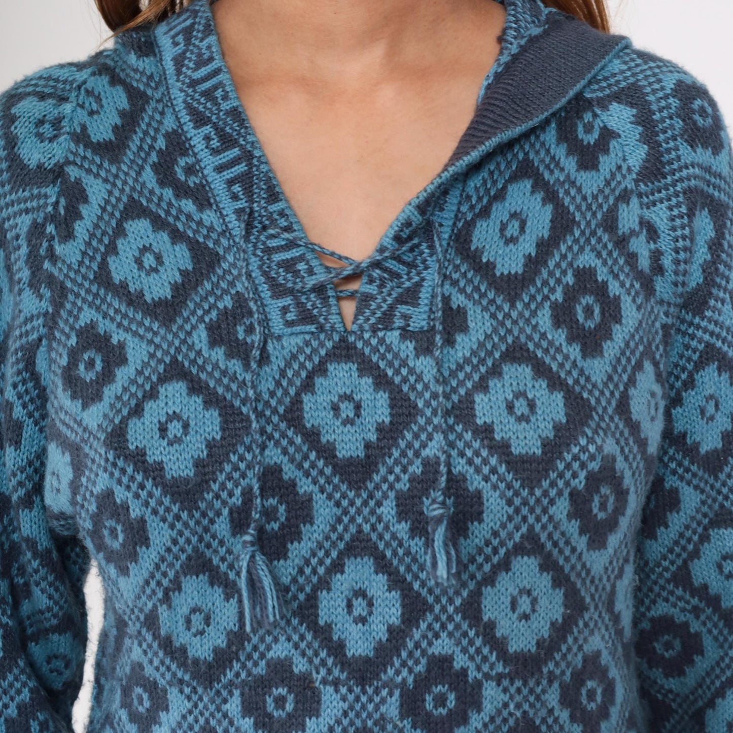 Y2K Slate Blue Geometric Southwest Hoodie Pullover Knit Medium M