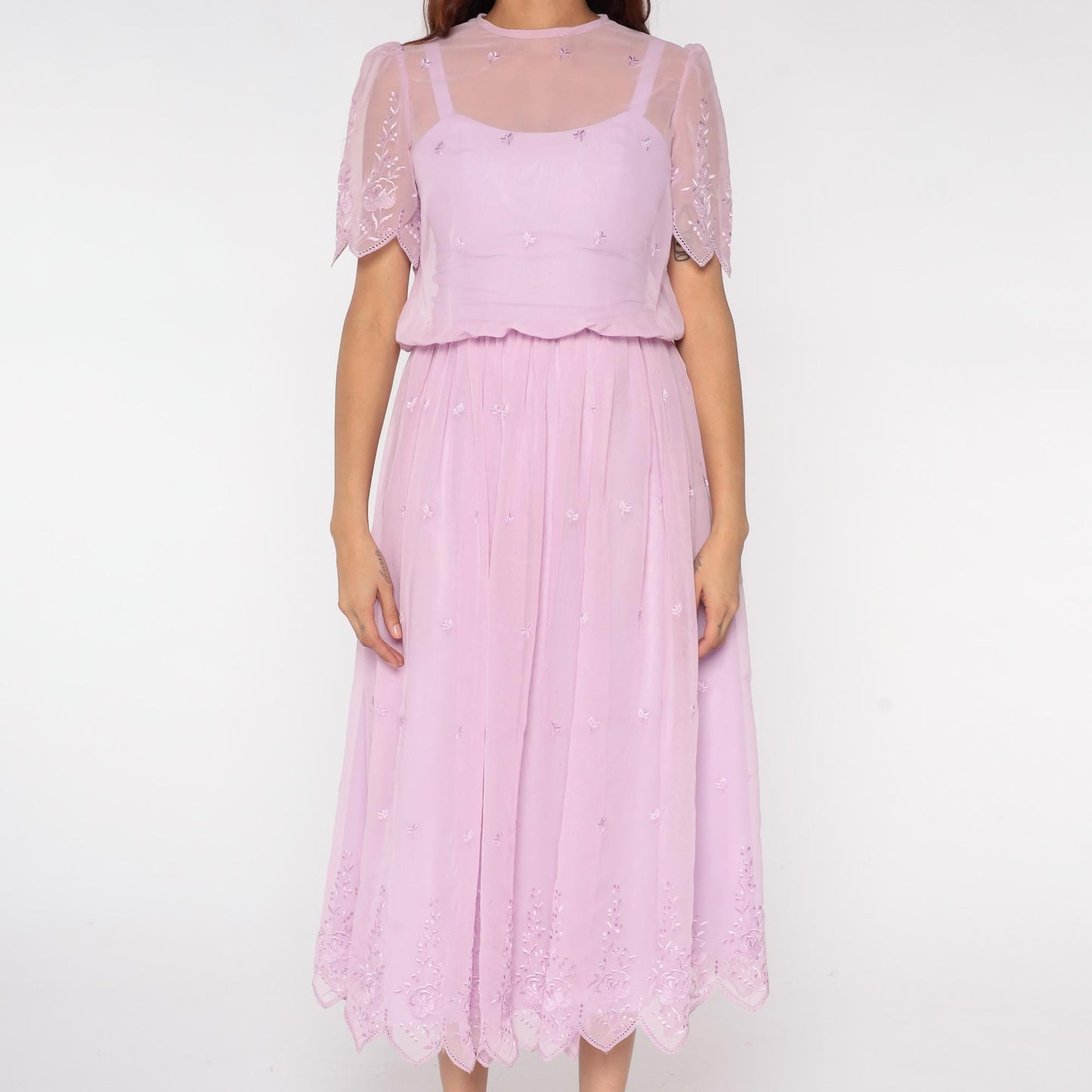 70s Lavender Prairie Dress Sheer Embroidered Midi Floral Scalloped Small