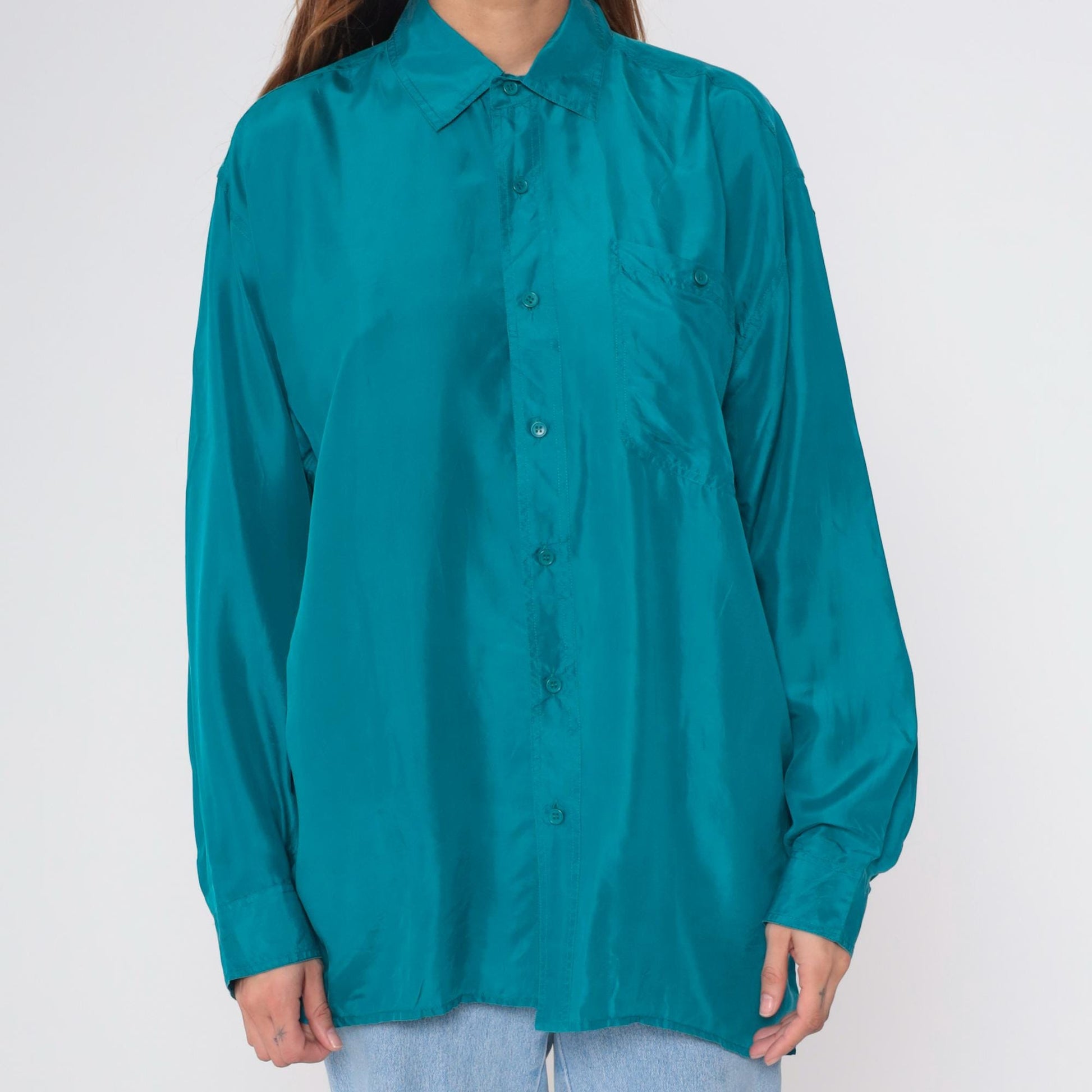 90s Olive Green Silk Button-Up Blouse Long Sleeve Chest Pocket Medium M