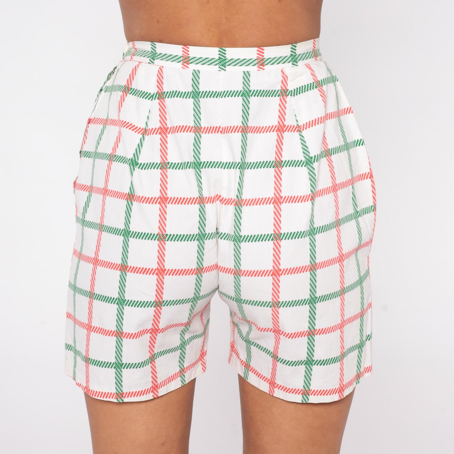 60s Plaid High-Waist Shorts White Red Green Windowpane Check Extra Small XS