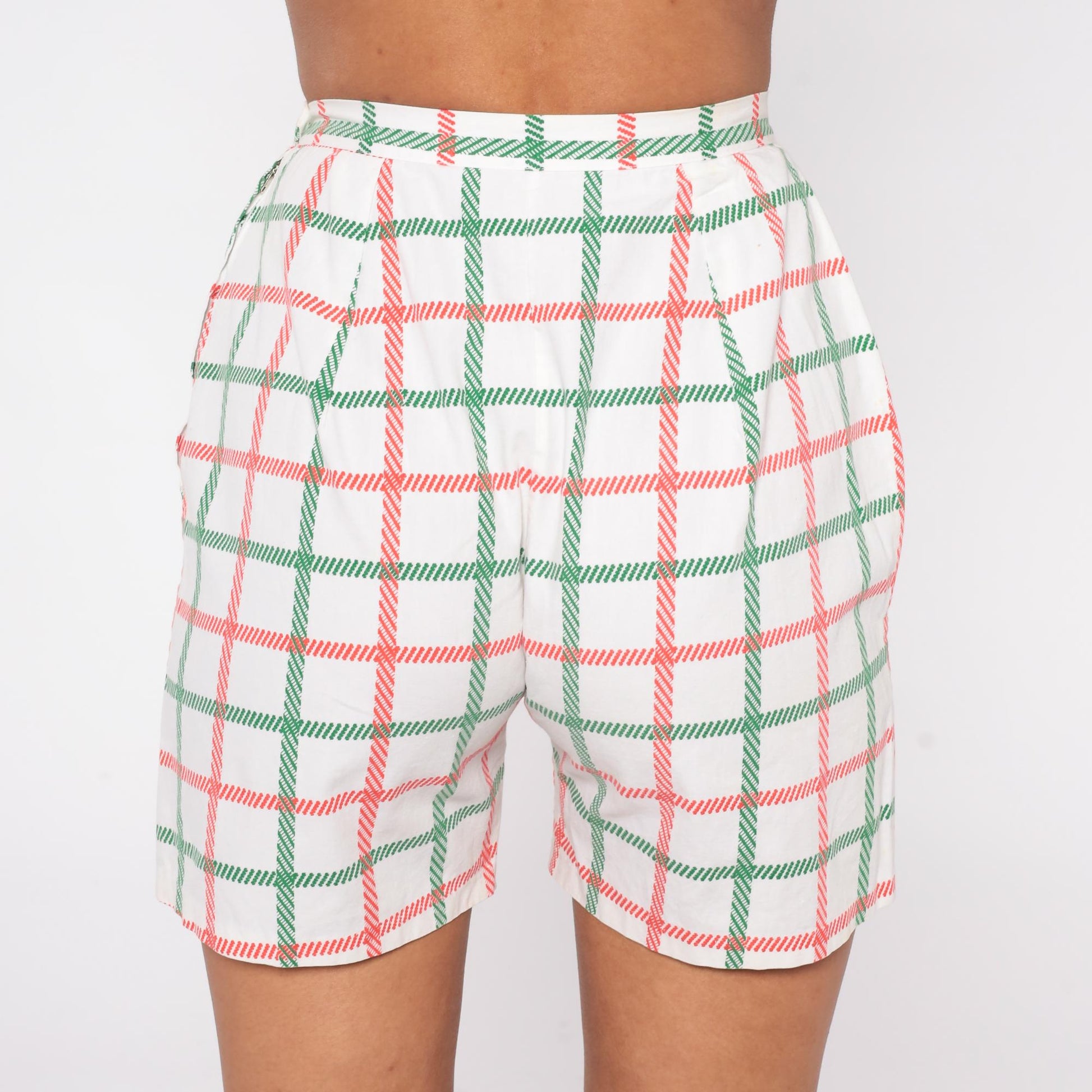 60s Plaid High-Waist Shorts White Red Green Windowpane Check Extra Small XS