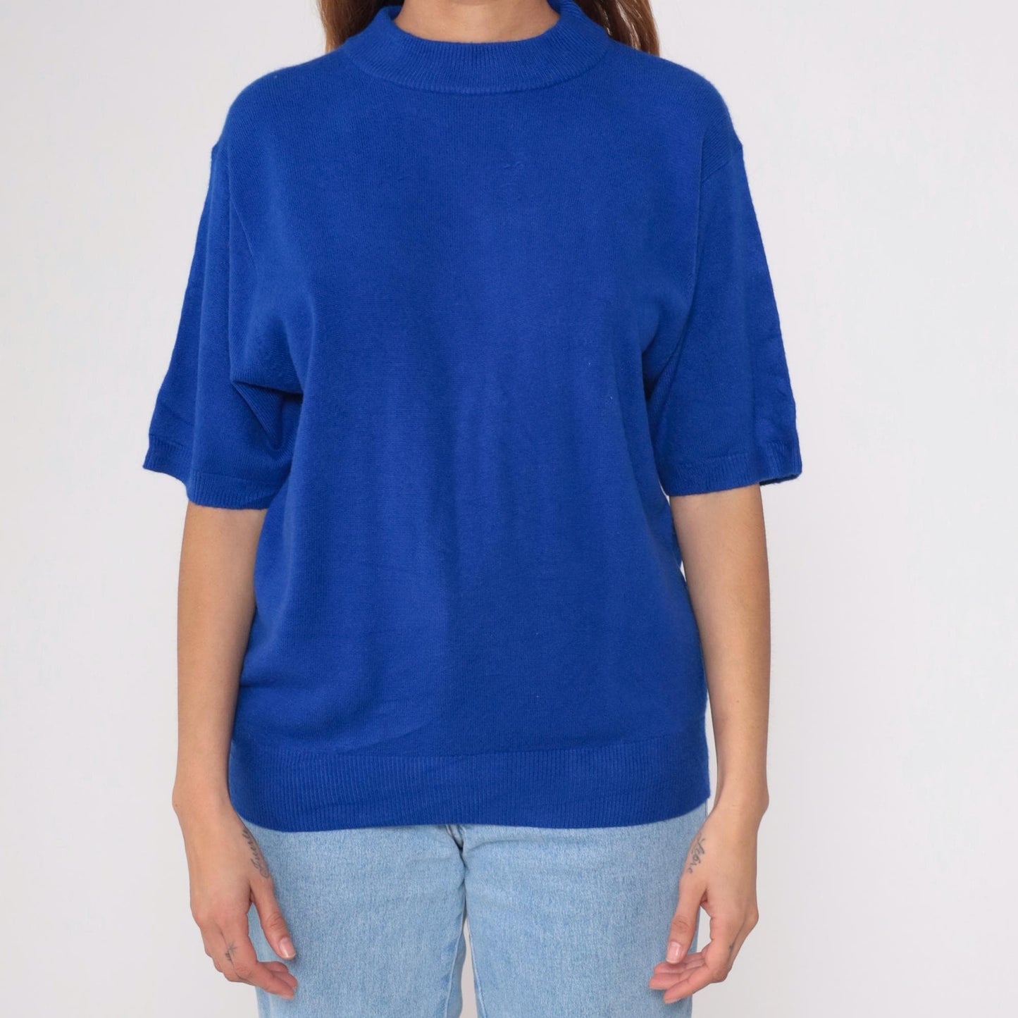 90s Royal Blue Crew Neck Short Sleeve Knit Sweater Large L