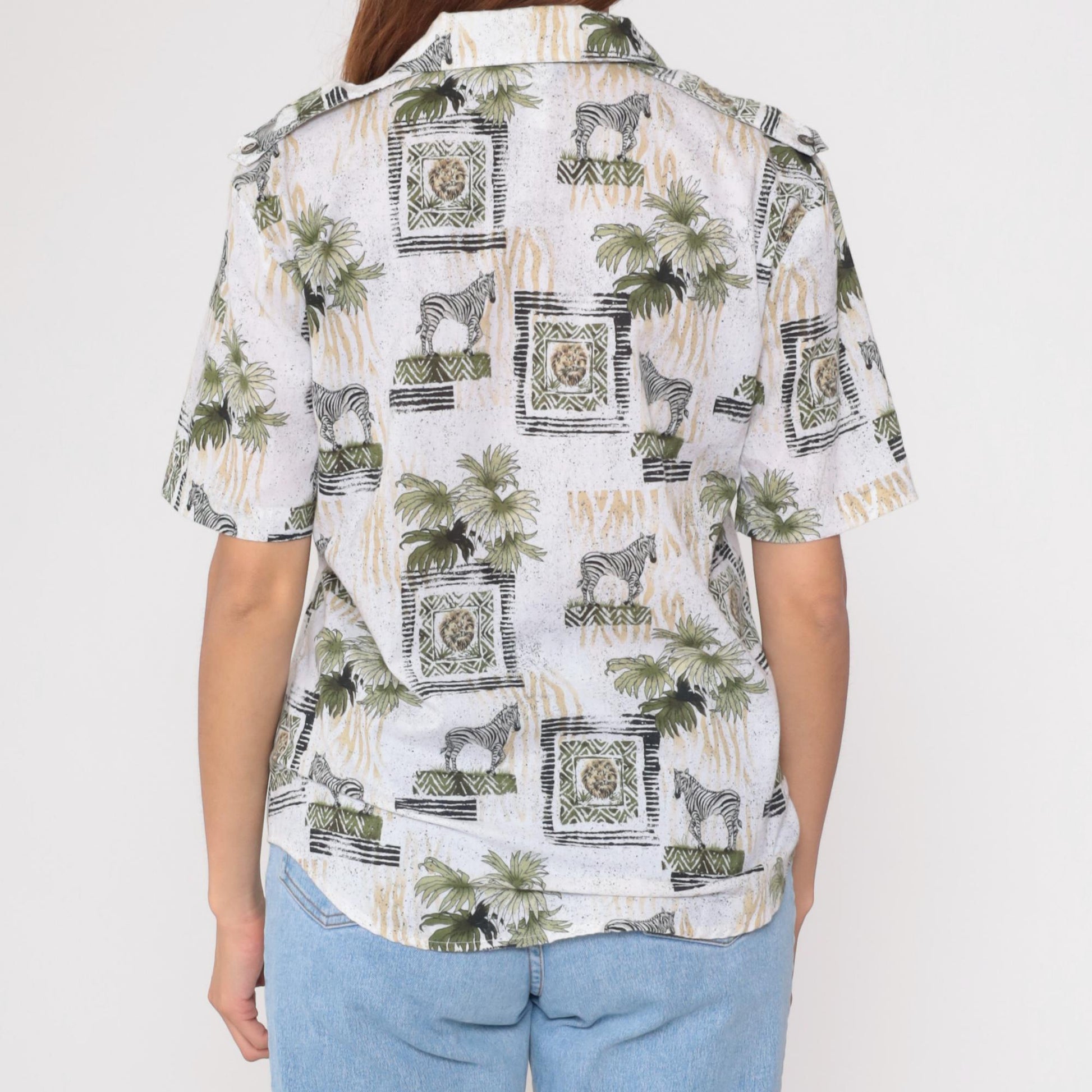 90s Safari Animal Print Button Down Shirt Zebra Lion Palm White Small