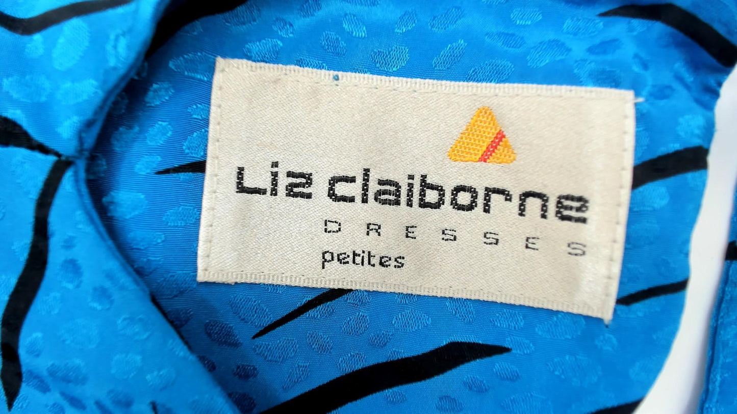 80s Liz Claiborne Turquoise Abstract Print Midi Dress Short Sleeve Small S