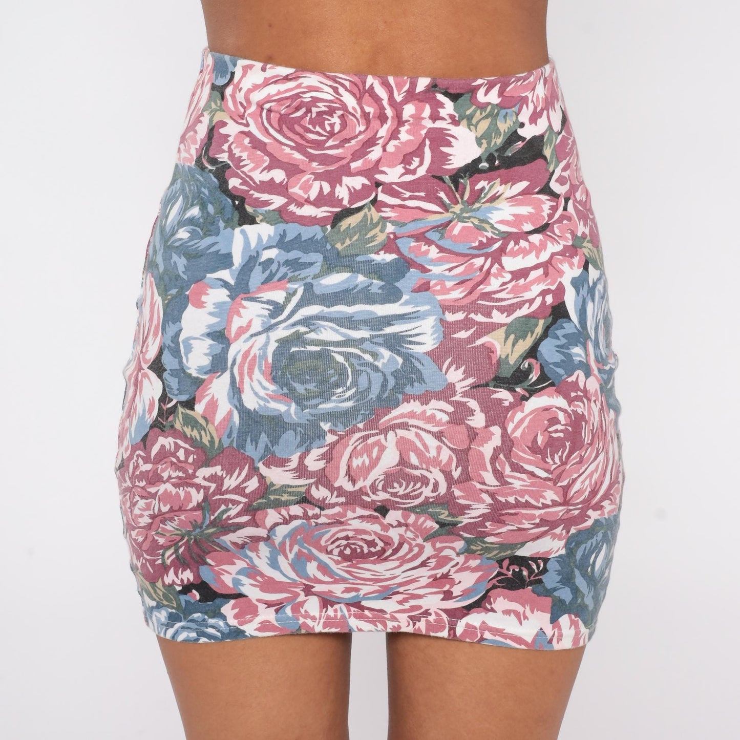 90s Express Floral Mini Skirt Rose Print Pink Blue High Waist Small S