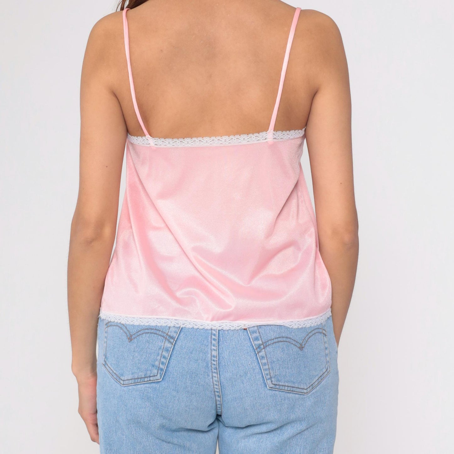 80s Pink Satin Camisole Nylon Lace Trim Bow Tank Medium
