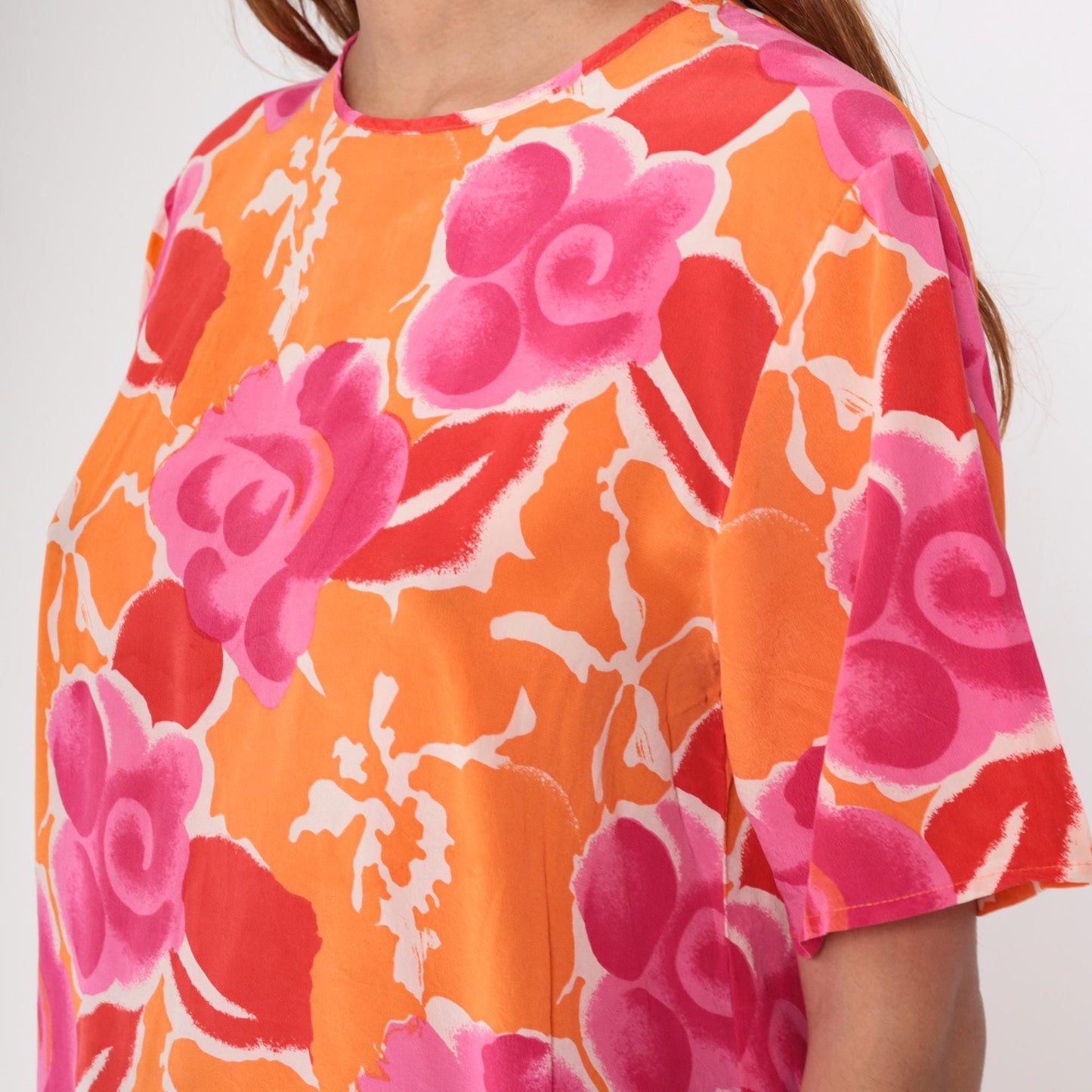 Y2K Christie and Jill Silk Blouse Floral Orange Pink Short Sleeve Medium M