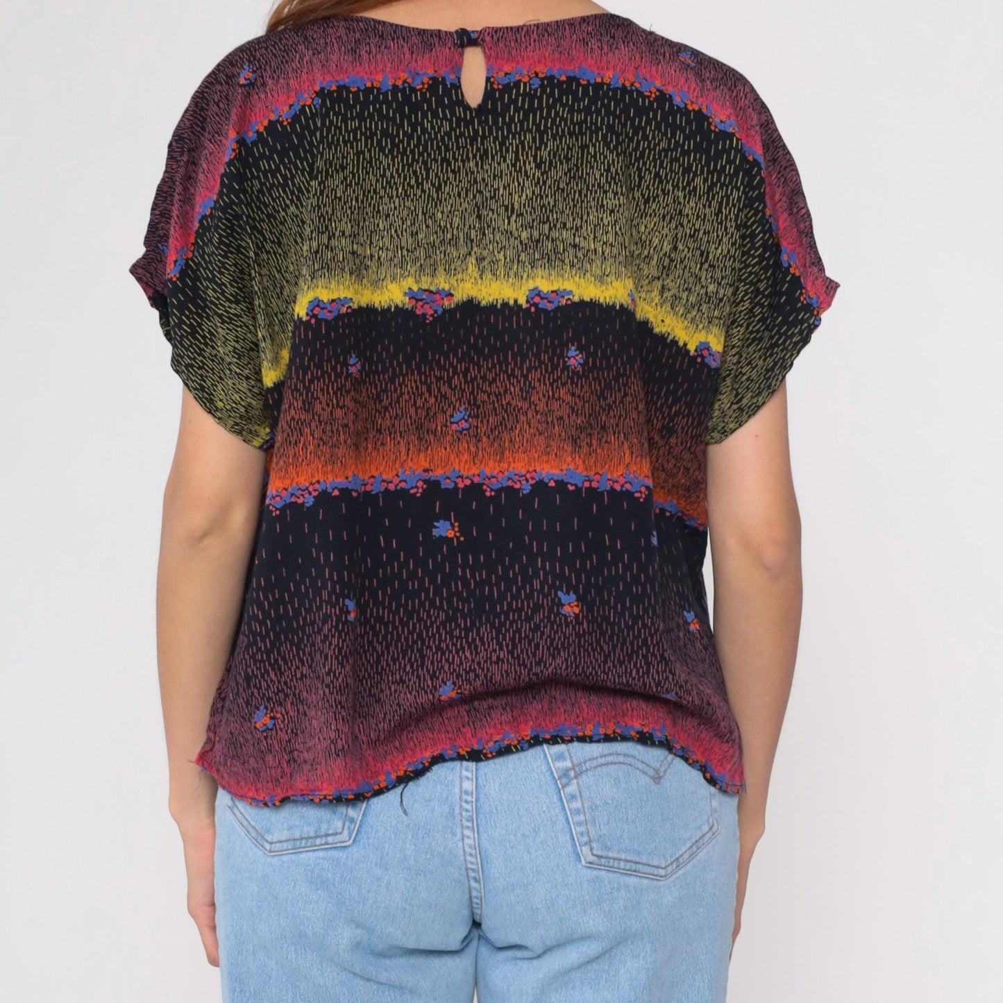 90s Abstract Multicolor Rayon Blouse Short Dolman Sleeves Small Medium