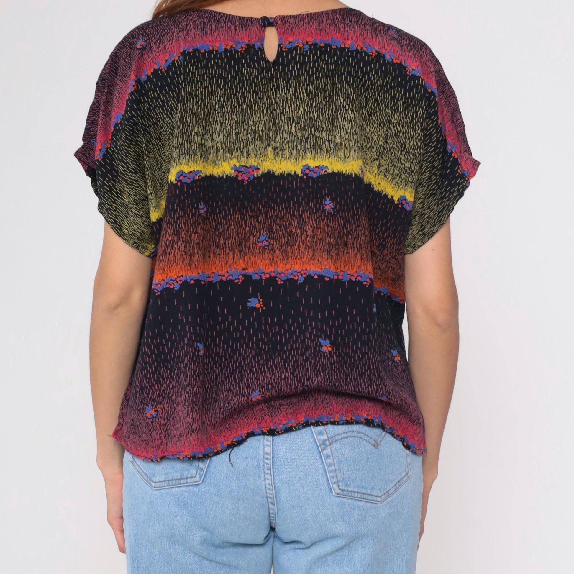 90s Abstract Multicolor Rayon Blouse Short Dolman Sleeves Small Medium