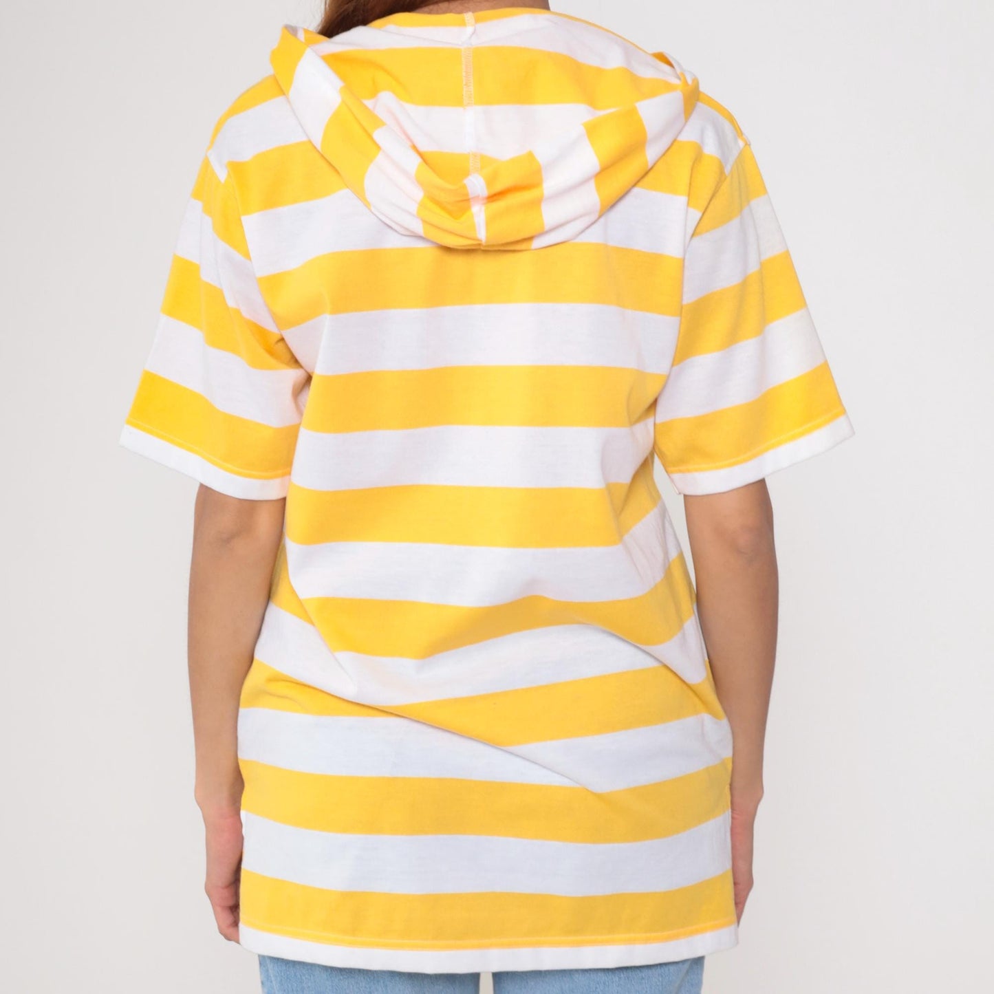 90s Yellow White Striped Short Sleeve Hooded Shirt Lace-Up V-Neck Small