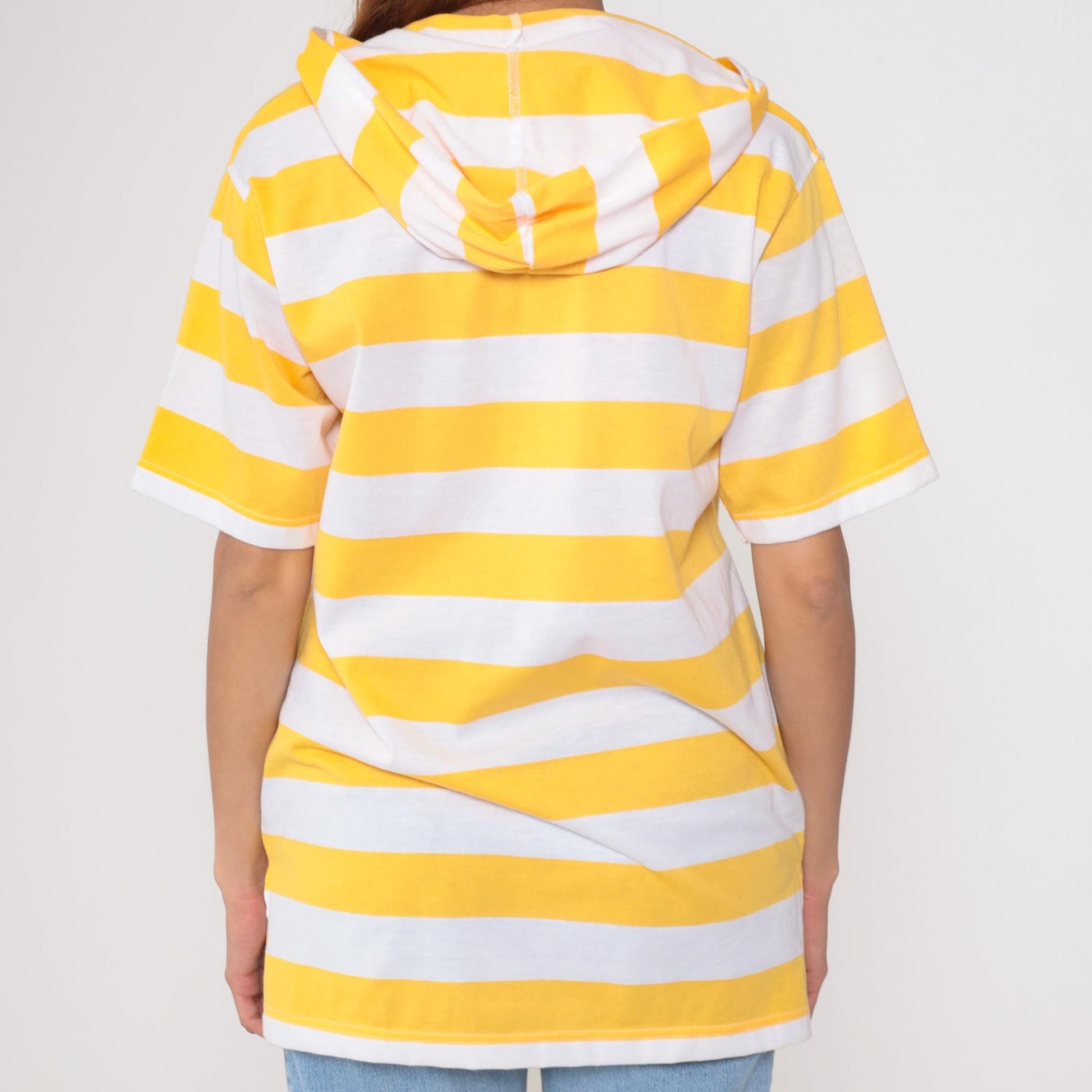 90s Yellow White Striped Short Sleeve Hooded Shirt Lace-Up V-Neck Small