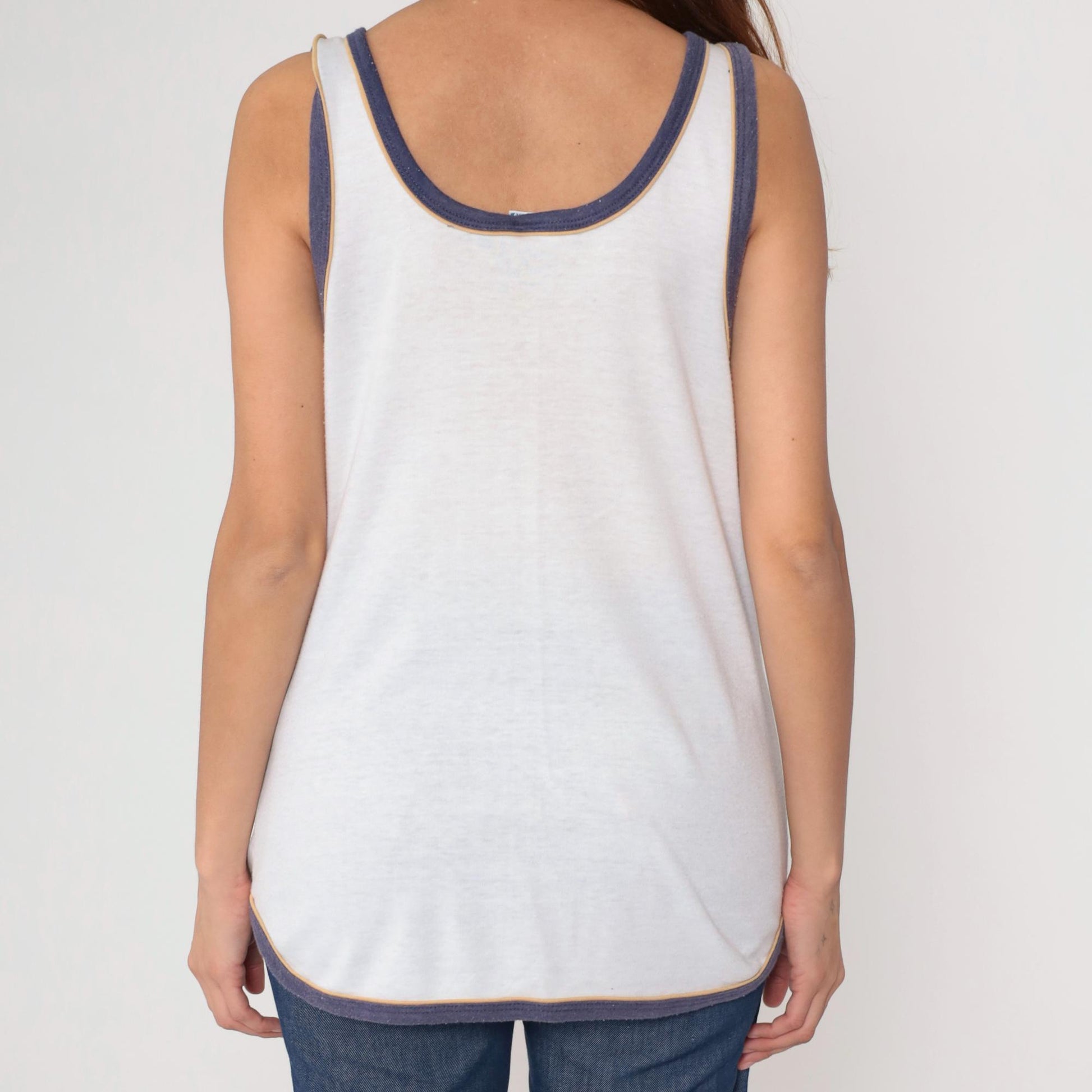 80s Laguna White Cotton Tank Top Navy Ringer Trim Scoop Neck Large L