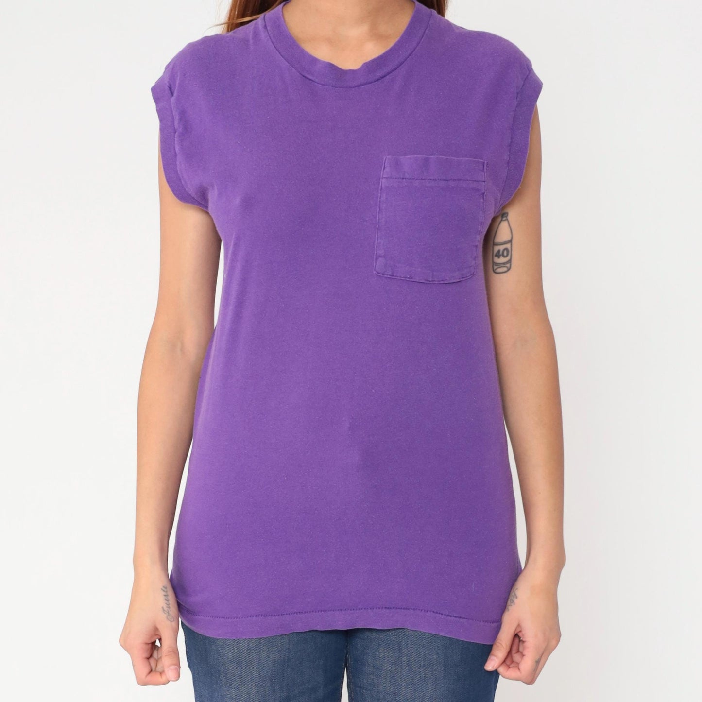 90s Fruit of the Loom Purple Muscle Tee Cotton Pocket Crewneck Medium M