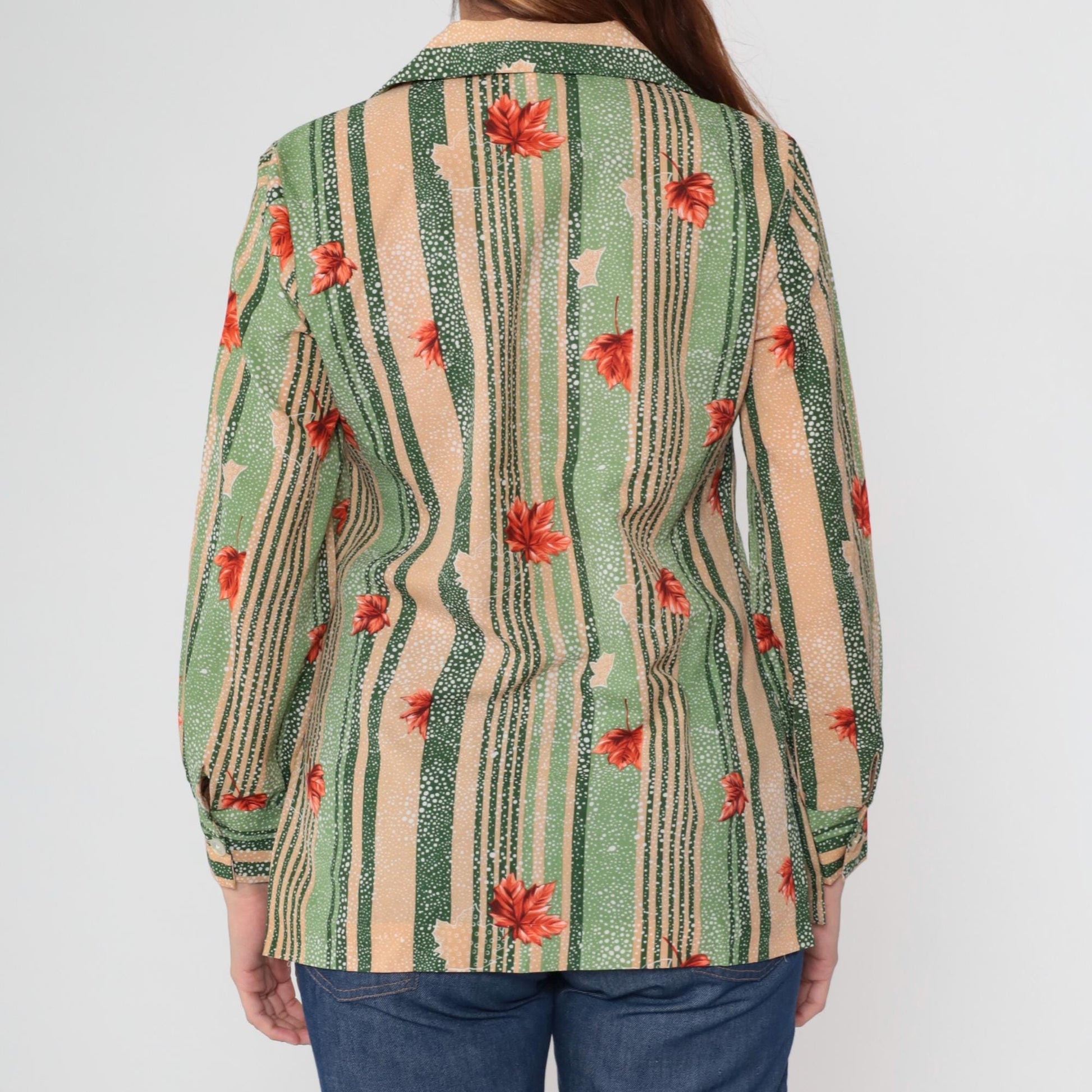 70s Pykettes Maple Leaf Striped Button-Up Blouse Green Peach Medium M