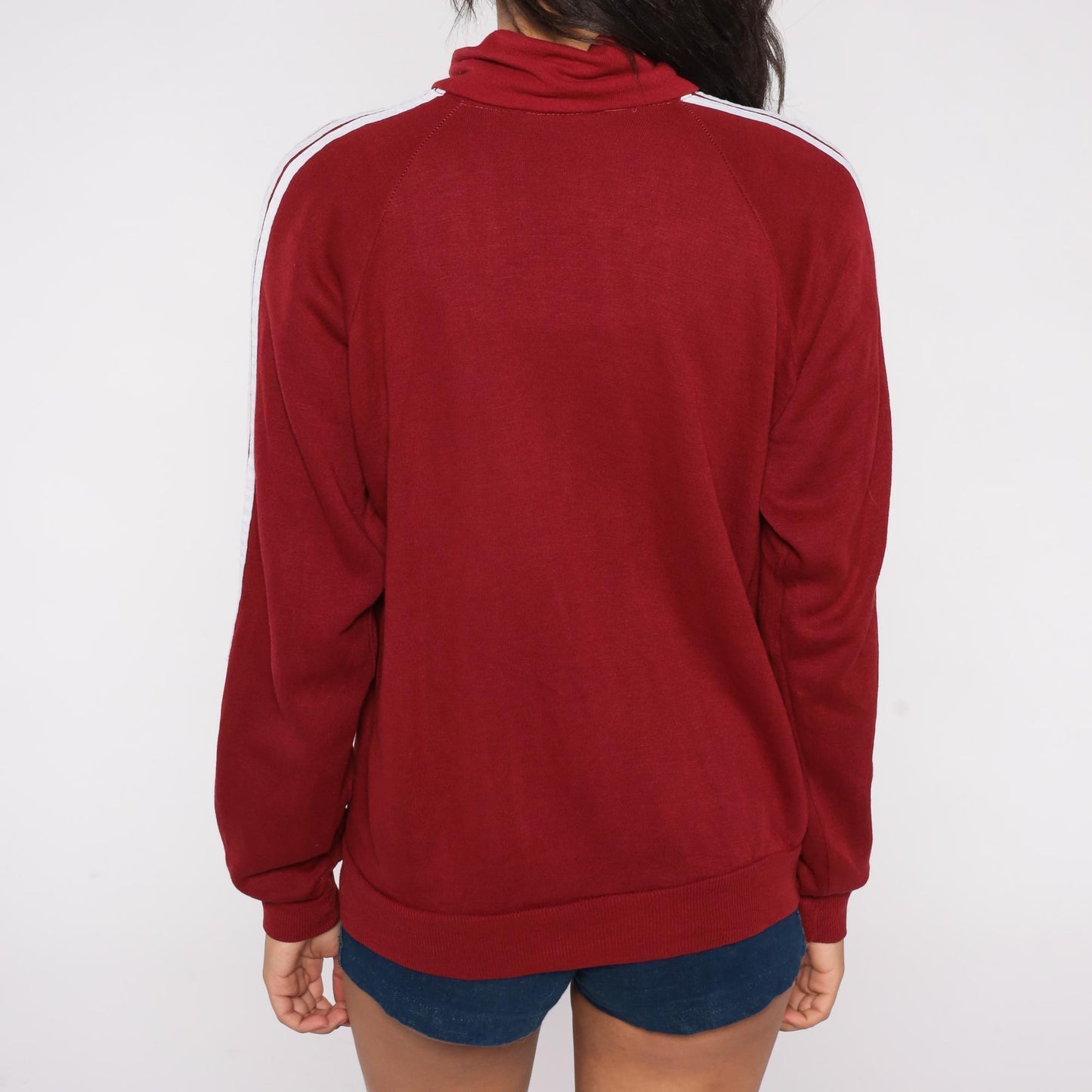80s Red Track Jacket White Stripe Zip Front Raglan High Collar Large L