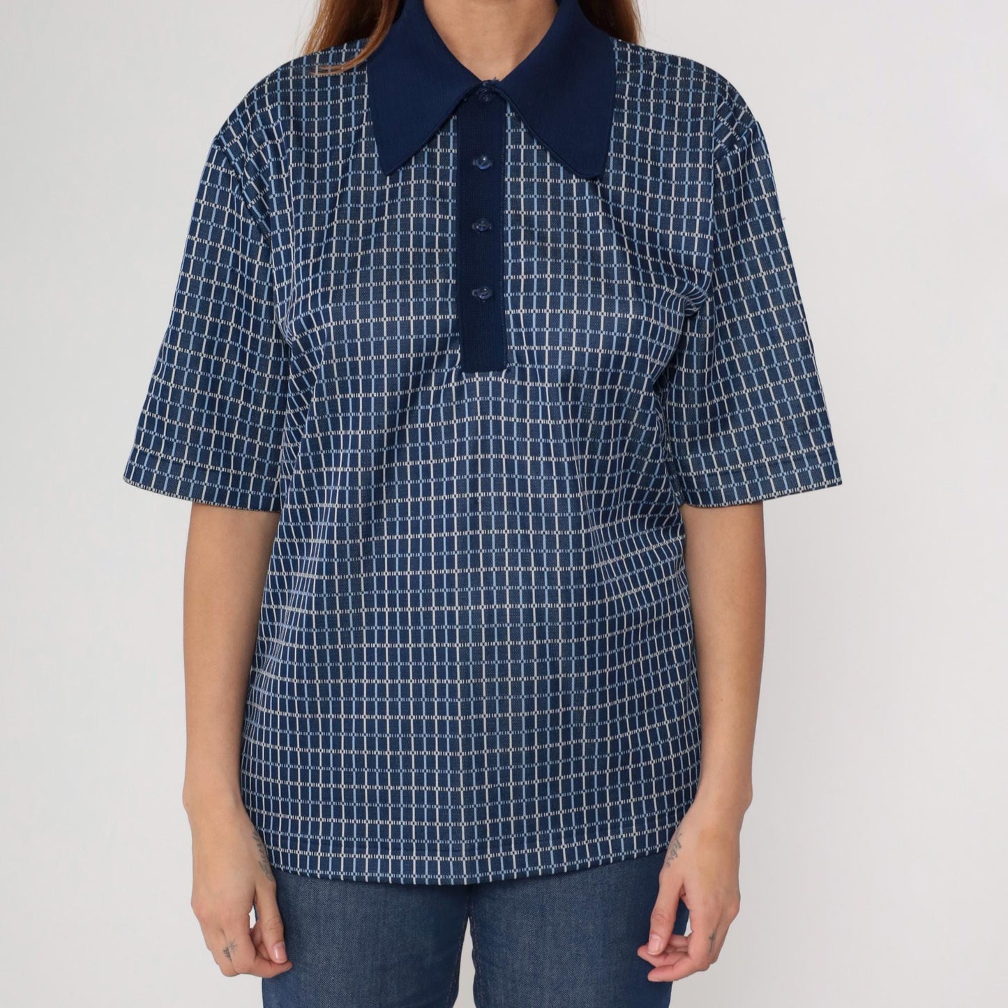 70s Leonardo Strassi Navy Grid Pattern Polo Shirt Short Sleeve Large L