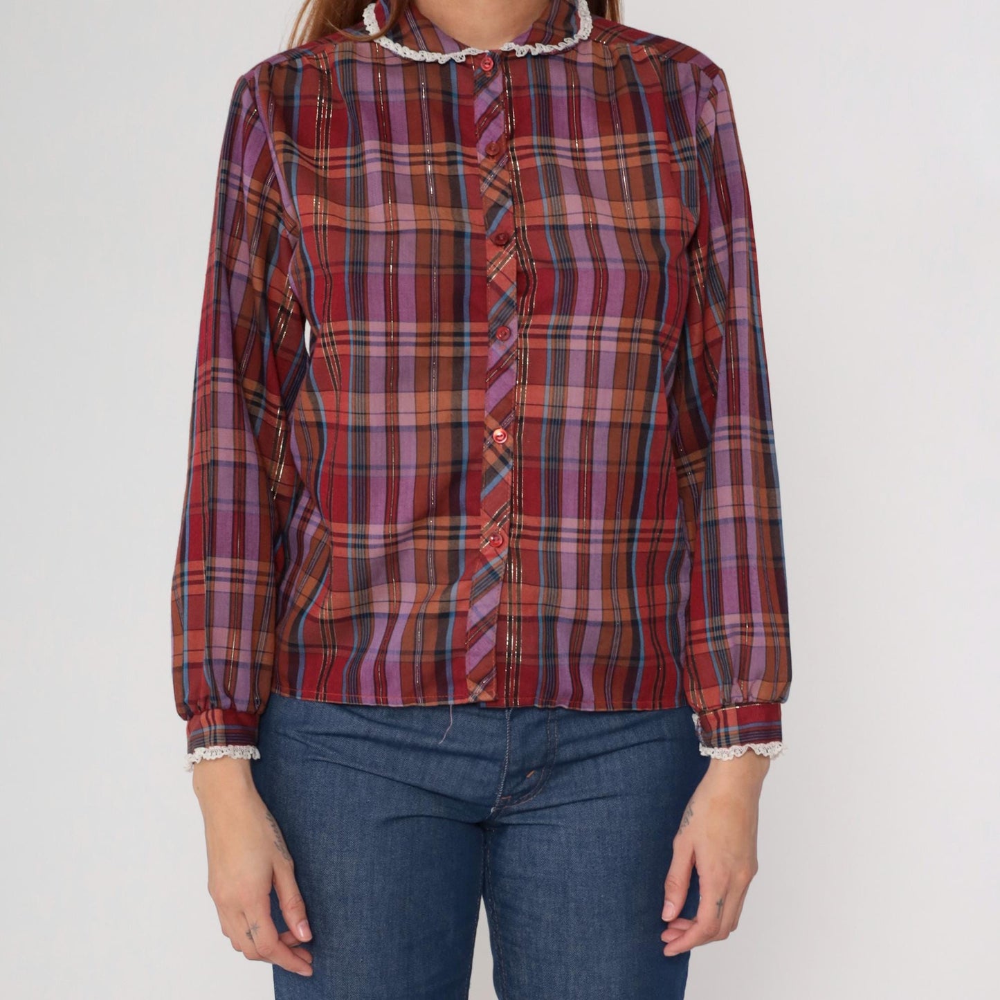 70s Burgundy Plaid Blouse Lace Collar Long Sleeve Prairie Shirt Medium