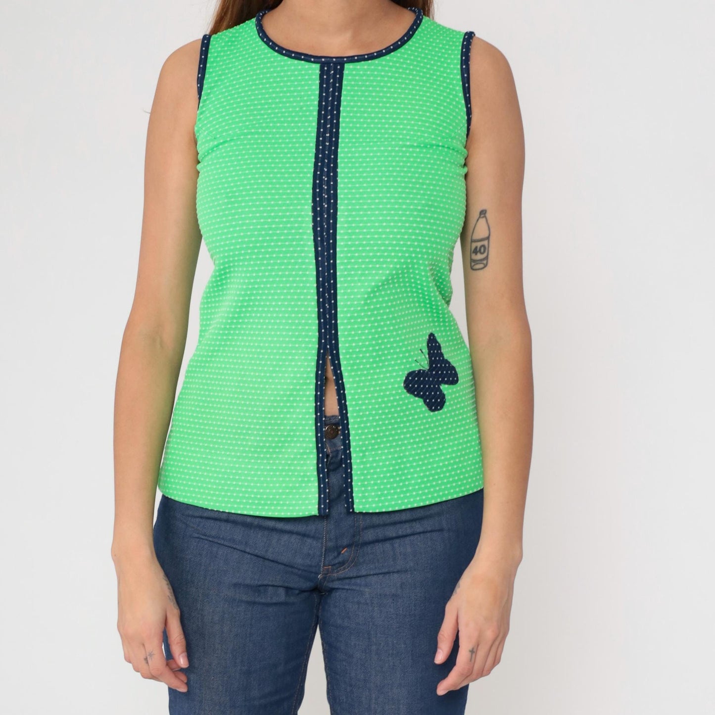 70s Green Butterfly Sleeveless Tank Top Polka Dot Knit Navy Trim Extra Small XS