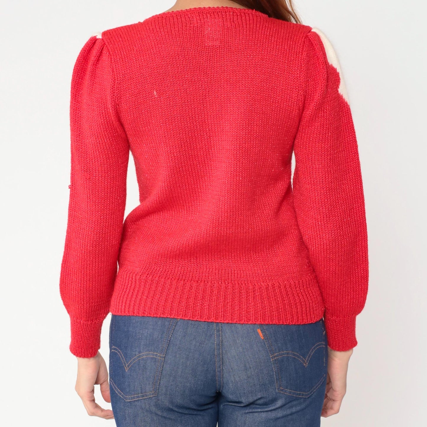 80s Petite Illustrations Red Knit Sweater Pearl Snowflake Puff Shoulder Small