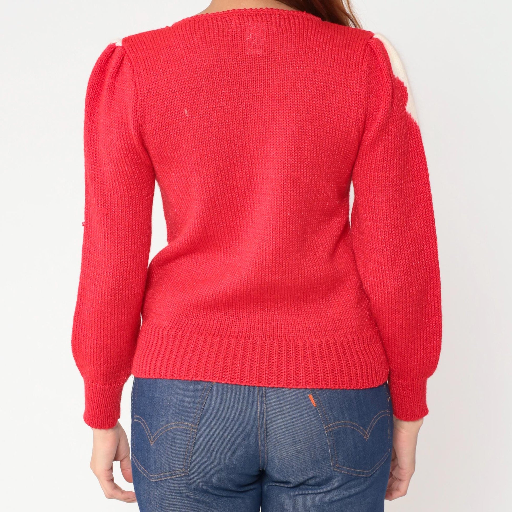 80s Petite Illustrations Red Knit Sweater Pearl Snowflake Puff Shoulder Small