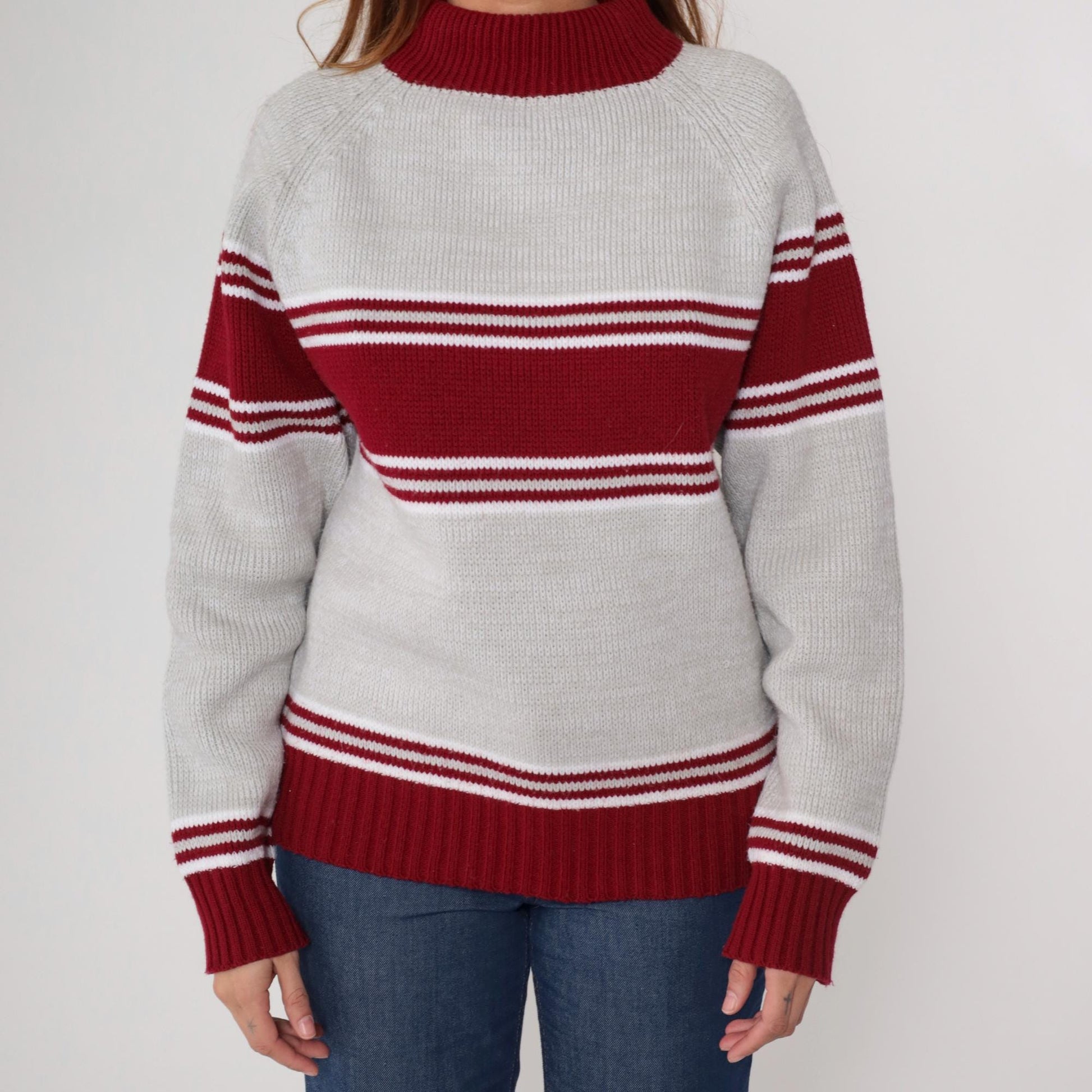 70s Craig Noble Mock Neck Sweater Red Grey Stripe Knit Medium