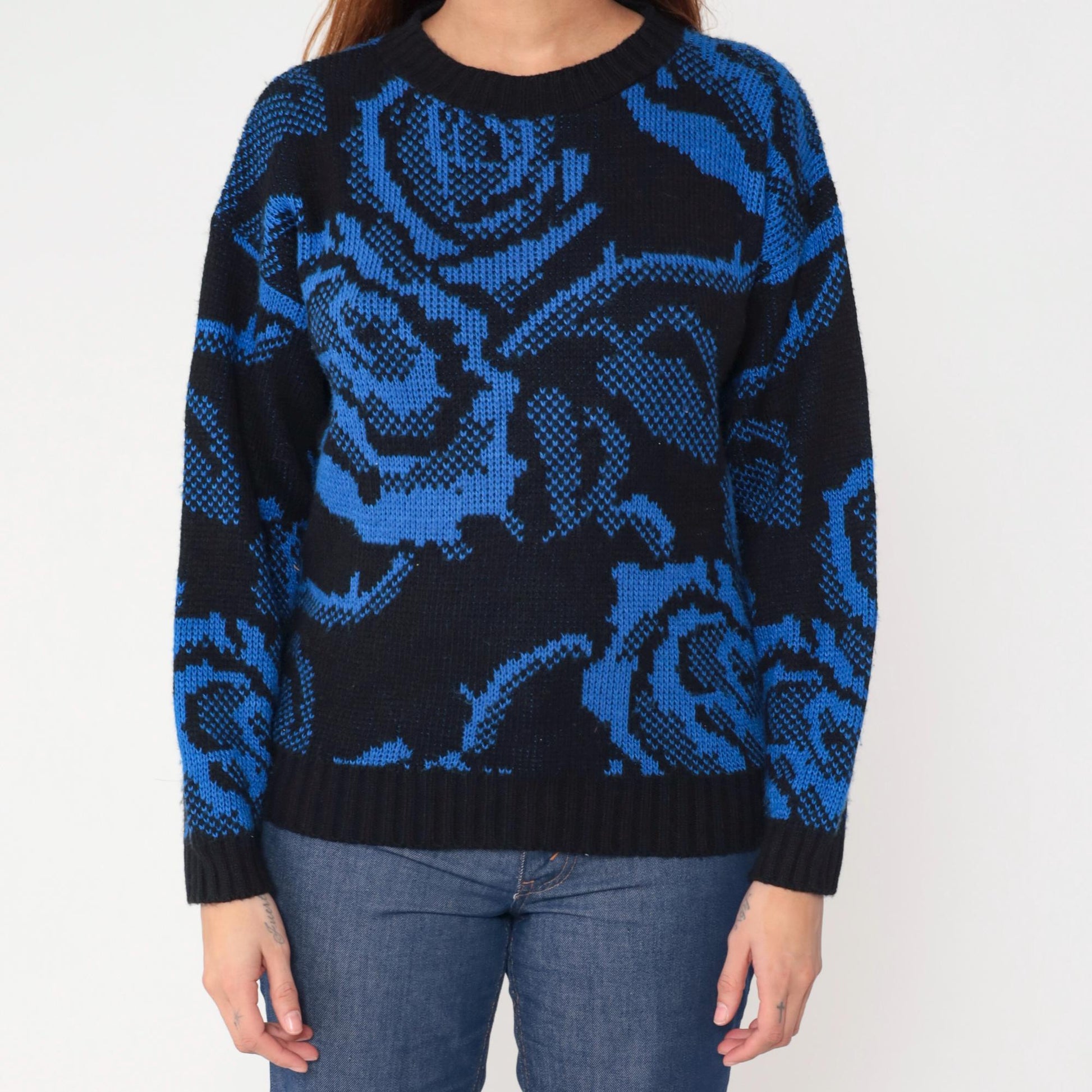 80s Basic Outlook Floral Knit Sweater Blue Black Rose Pattern Crew Neck Medium M