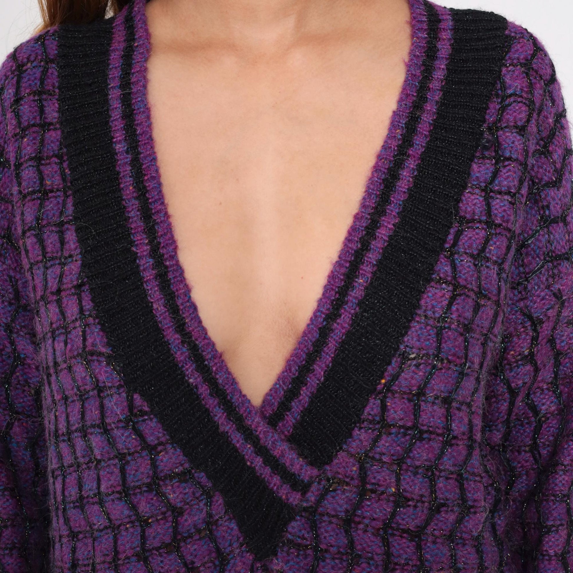 90s Max Bradley Purple Black Deep V Sweater Metallic Knit Large L