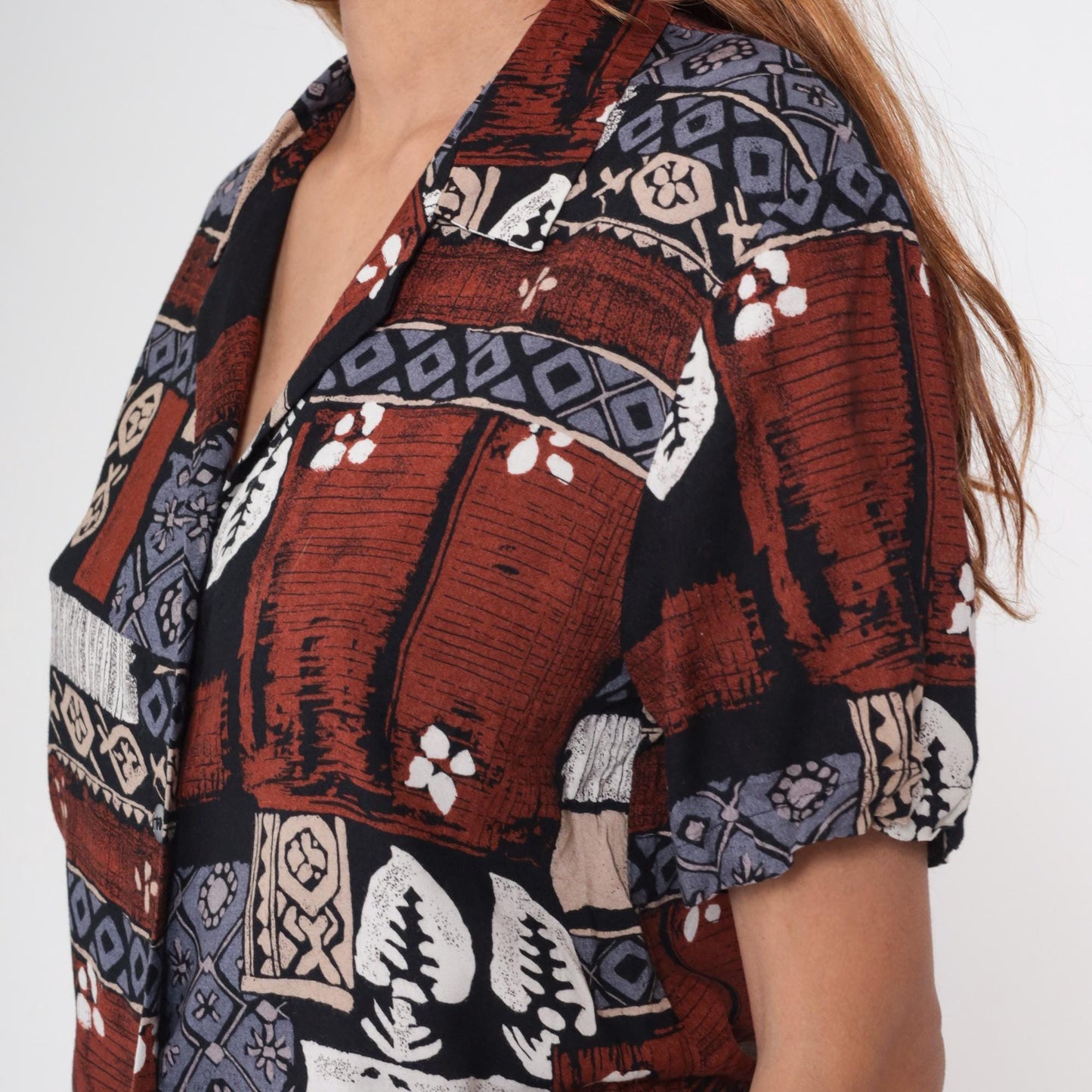 90s Radcliffe Batik Geometric Print Button Blouse Rust Blue Black Medium M