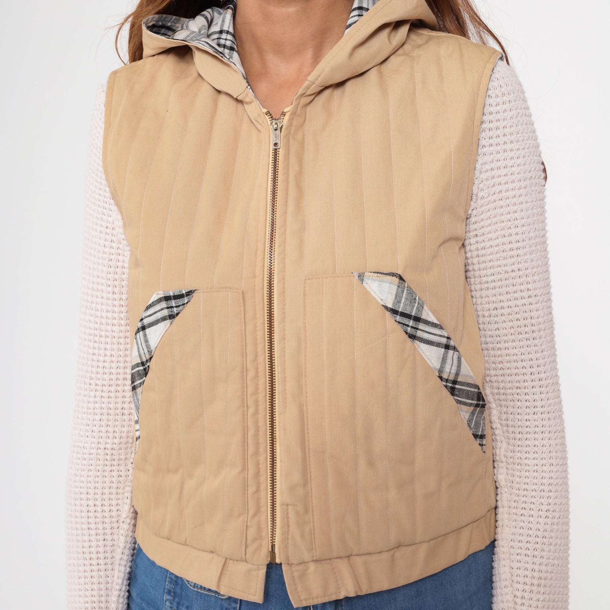 70s Reversible Plaid Hooded Quilted Vest Tan Black White Checkered XS