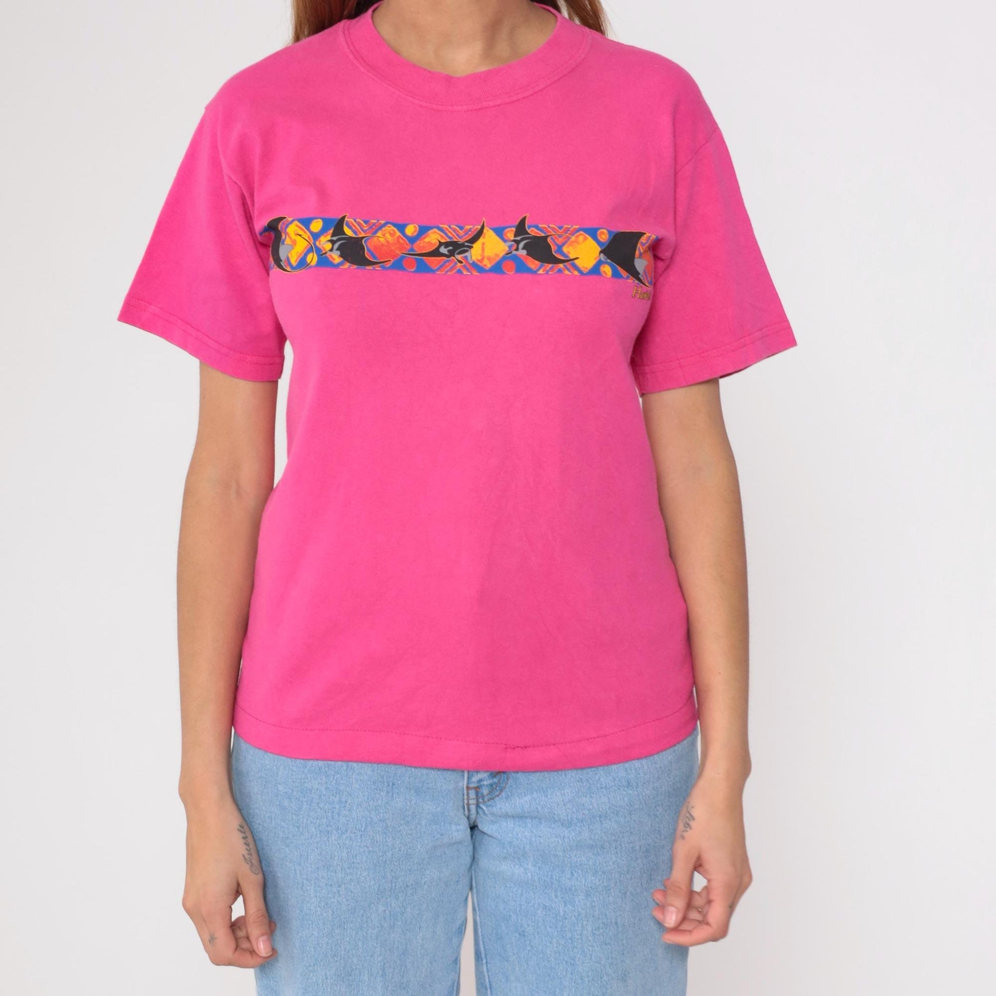 90s Gildan Manta Ray Graphic T-Shirt Hot Pink Cotton Tee Small S