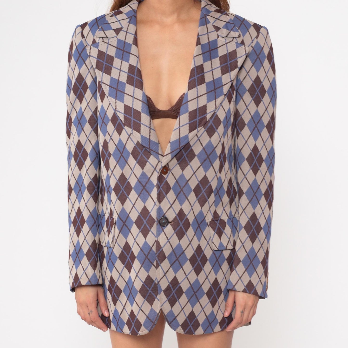 70s Hispacor Argyle Blazer Blue Brown Beige Diamond Pattern Medium