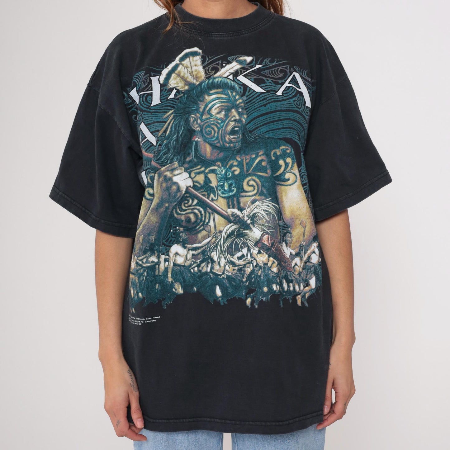 90s Maori Warrior Aotearoa Black Graphic T-Shirt Cotton Taiaha XXL