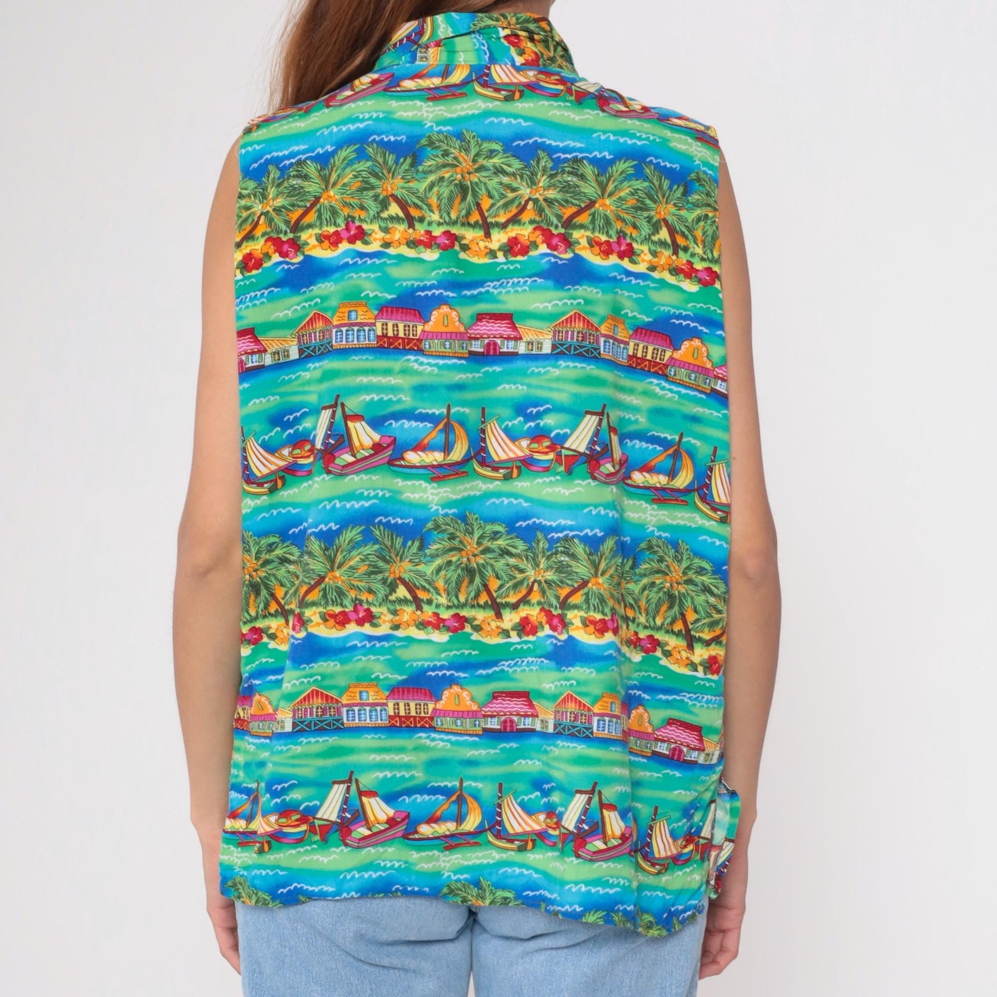 90s Caribou Tropical Island Sleeveless Shirt Teal Sailing Boat Print Extra Large