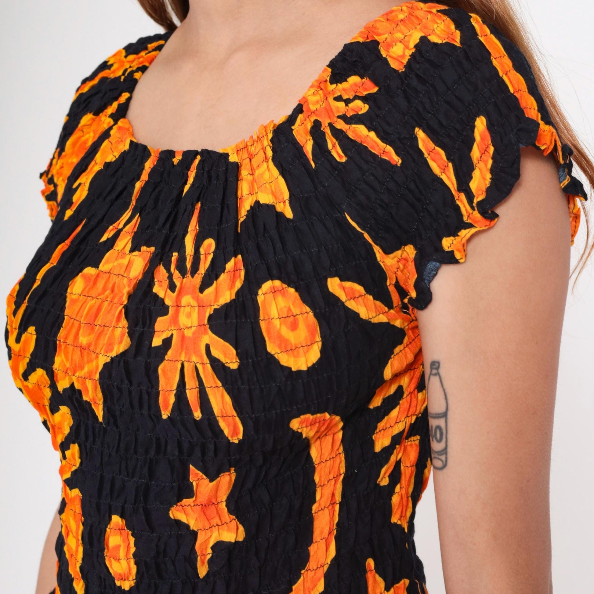Y2K Shore Line Batik Smocked Crop Top Black Orange Cap Sleeve Small Medium