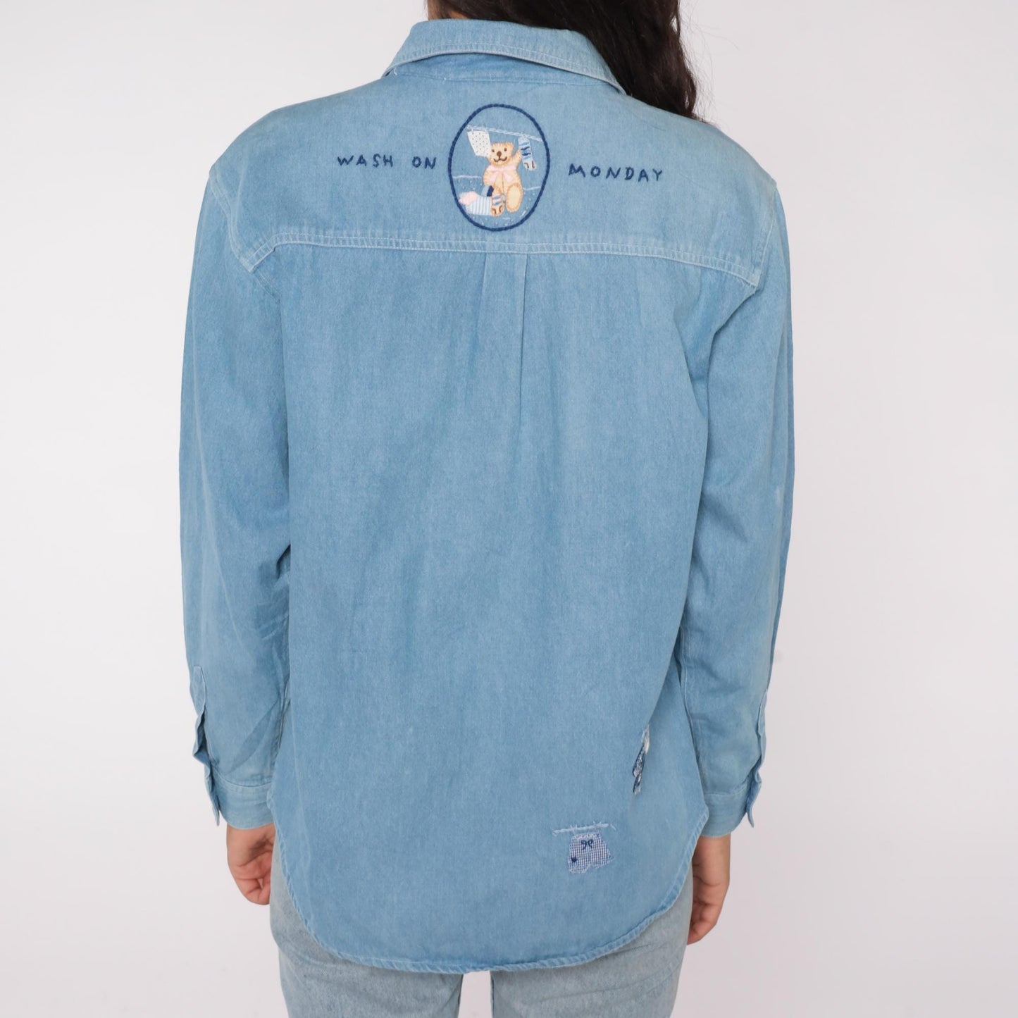 90s Gardy Teddy Bear Laundry Day Denim Shirt Blue Chambray Medium M