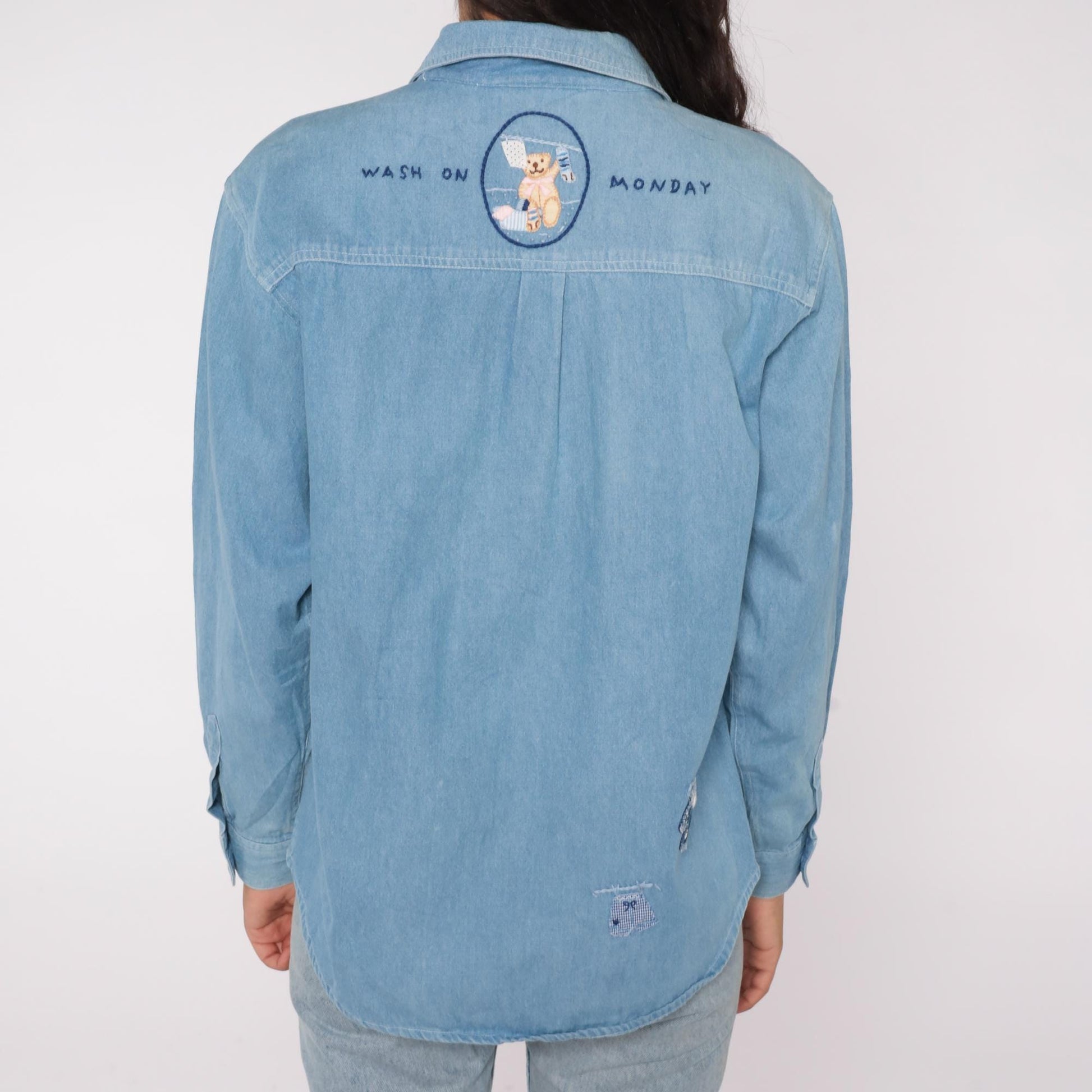 90s Gardy Teddy Bear Laundry Day Denim Shirt Blue Chambray Medium M