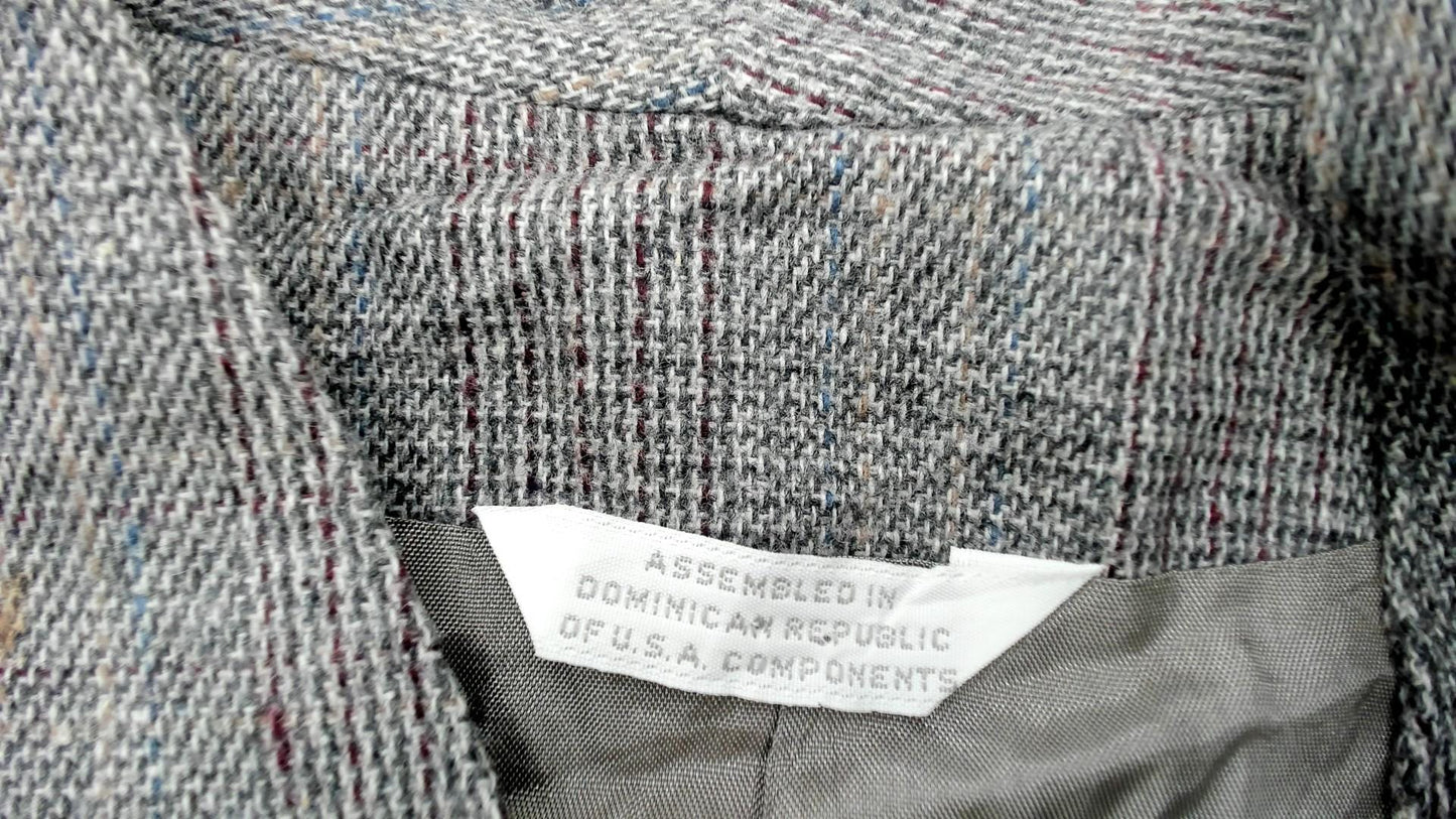 80s Gilmor Grey Plaid Collarless Wool Blazer Cropped Fitted Medium M