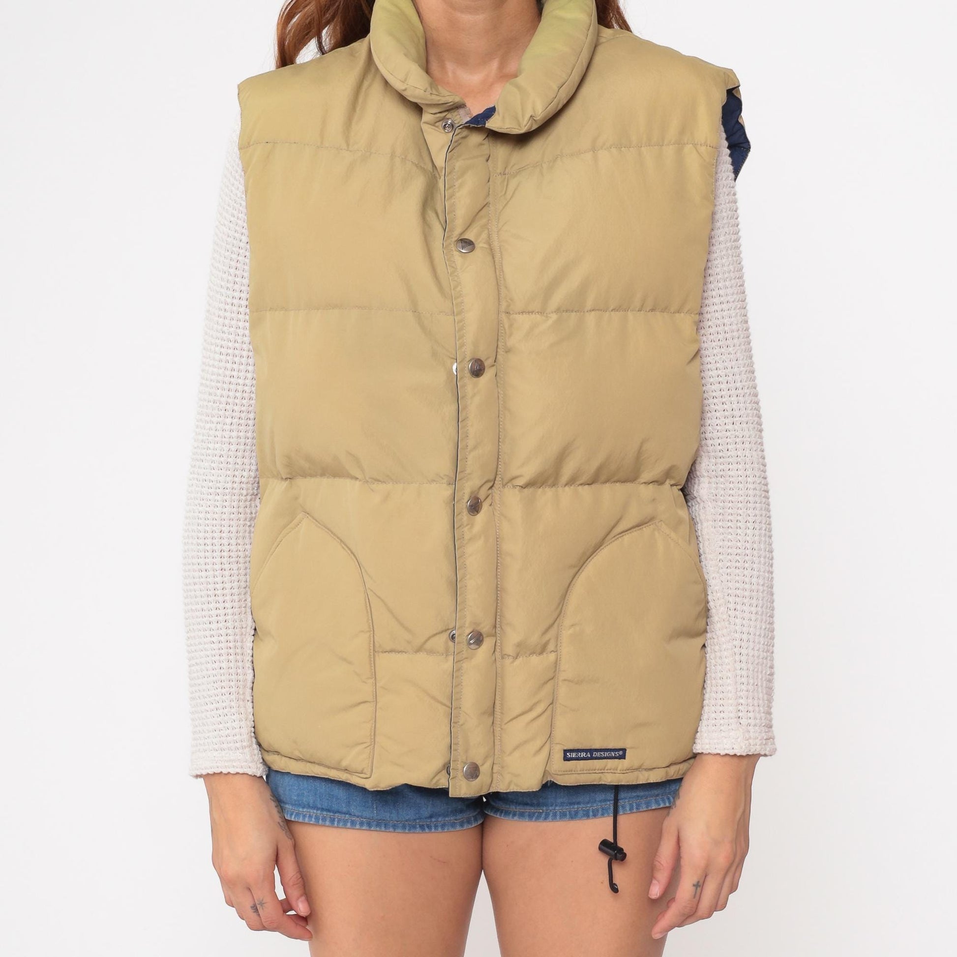 90s Sierra Designs Goose Down Vest Khaki Tan Navy Lining Large L