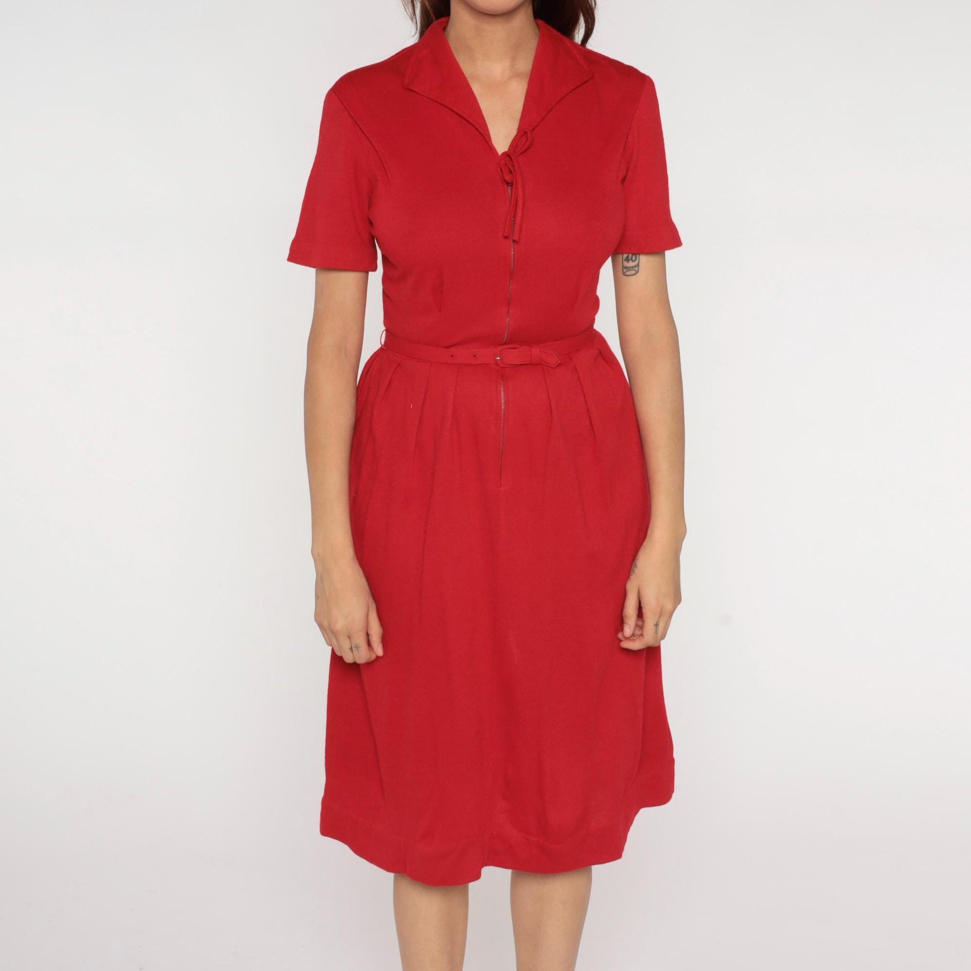 60s Toni Hunt Cherry Red Wool Blend Dress Notch Collar Belted Small