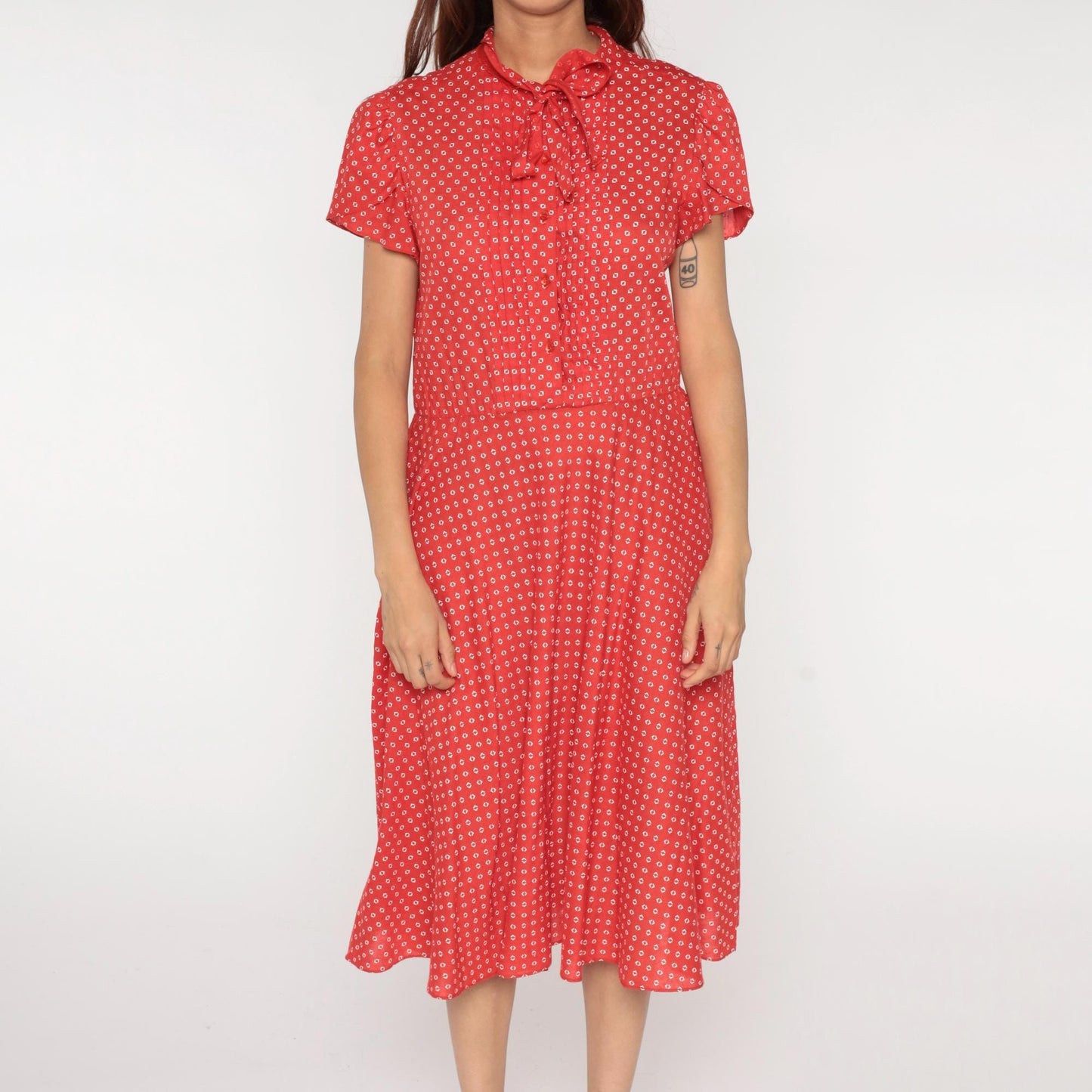 1970s Robbie Bee Red Geometric Diamond Print Midi Dress Bow Tie Medium