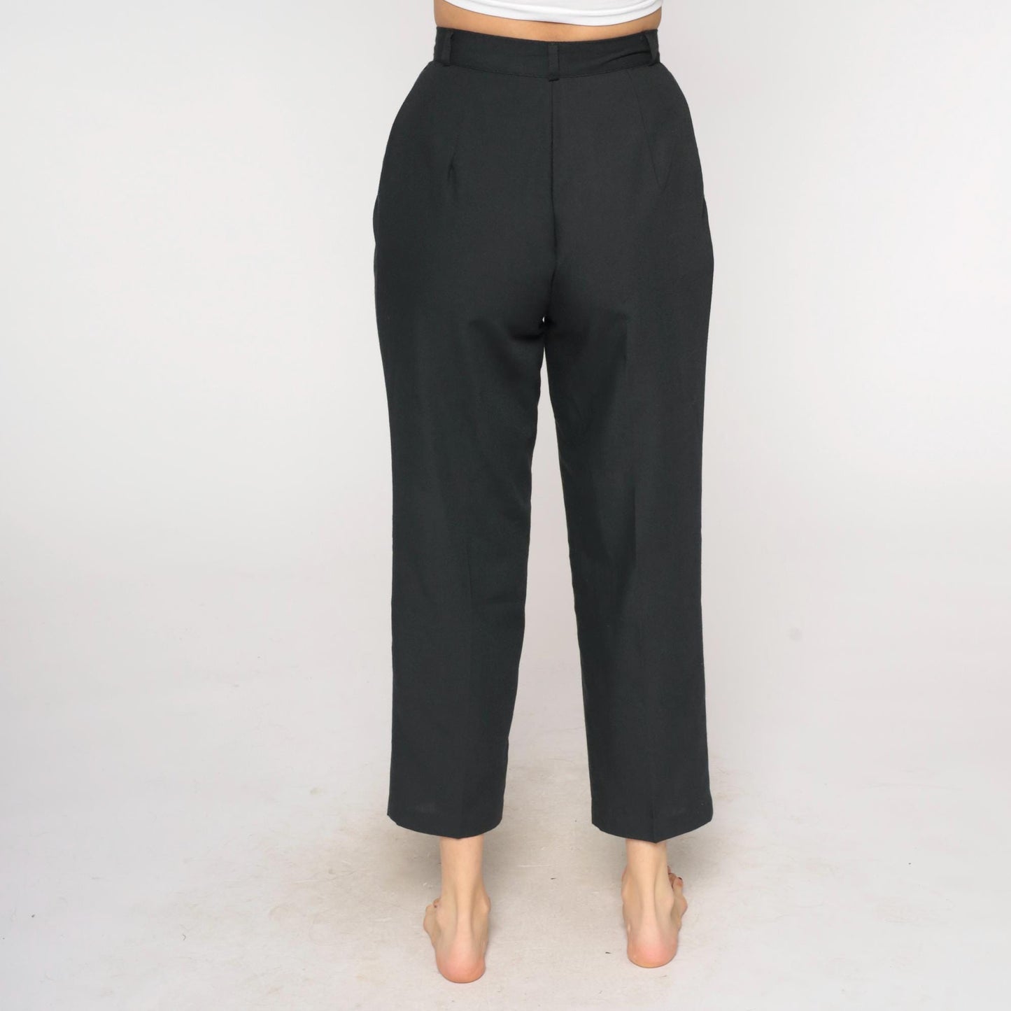 80s Black Pleated High-Waist Tapered Trousers Cropped Leg Small