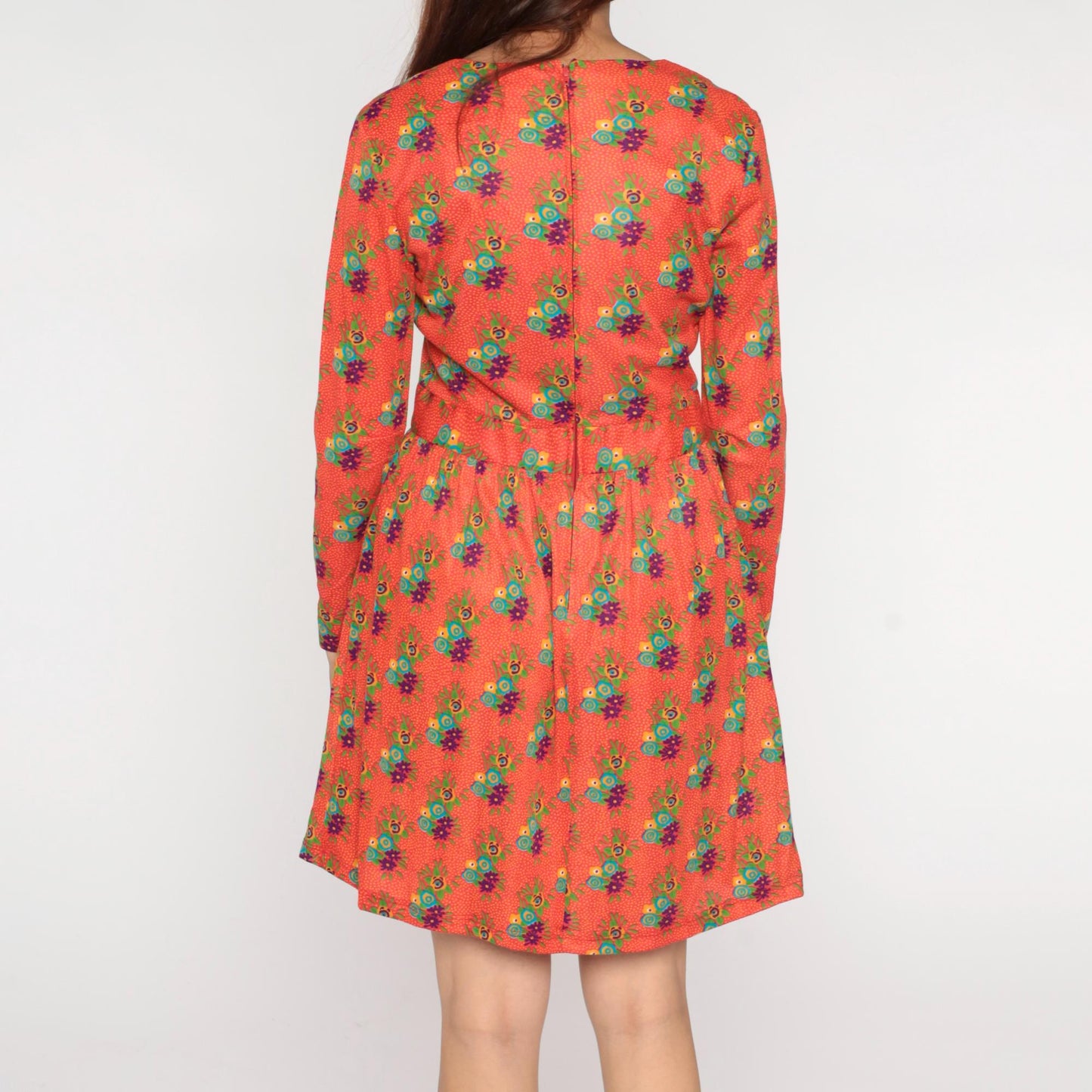 70s Avalon Classics Floral Mini Dress Coral Orange Empire Waist Long Sleeve Medium