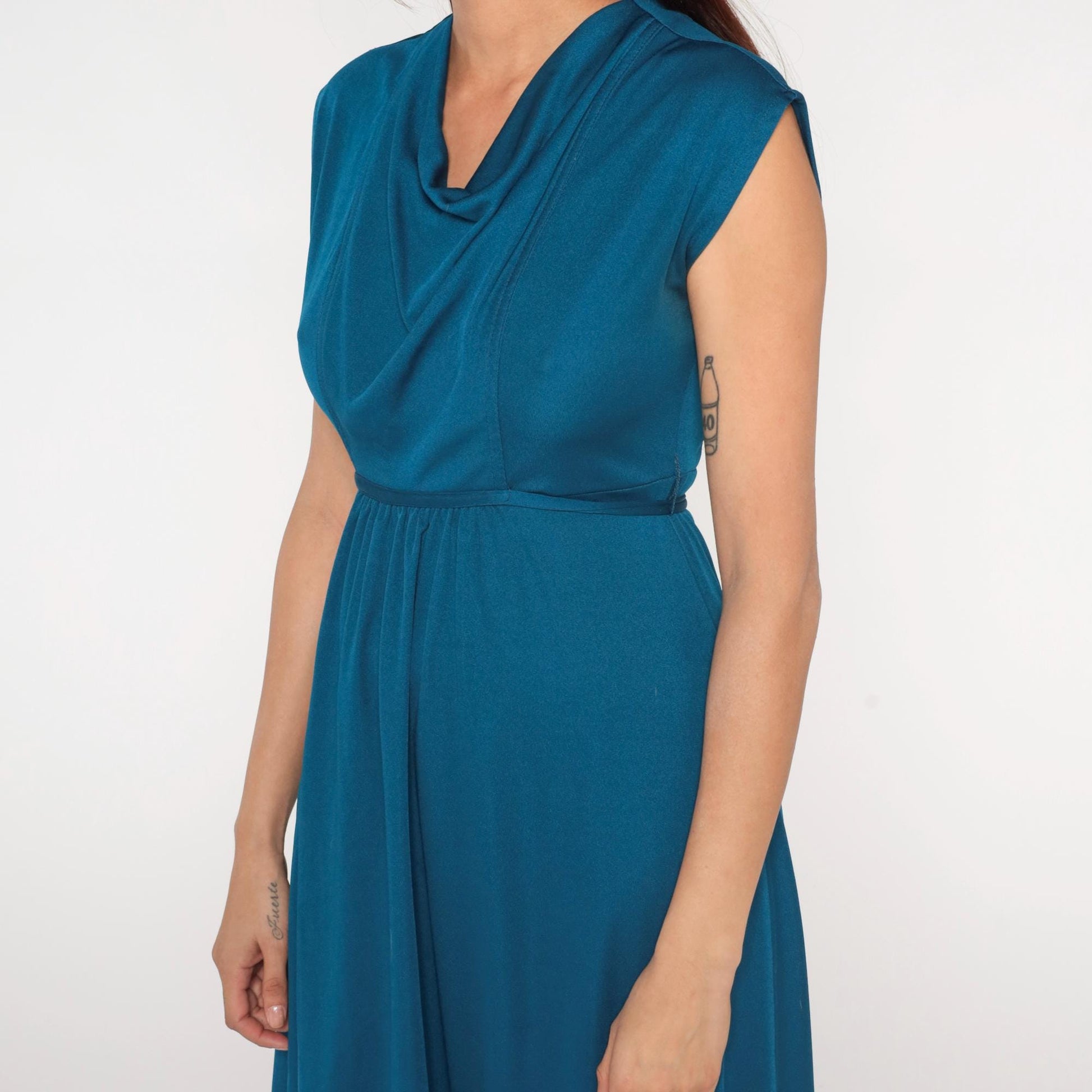70s Teal Cowl Neck Midi Dress Empire Waist A-line Sleeveless Small
