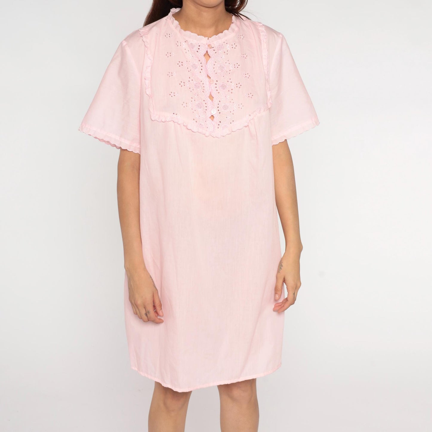 80s Miss Broadway Pink Eyelet Lace Nightgown Button Front Short Sleeve Large