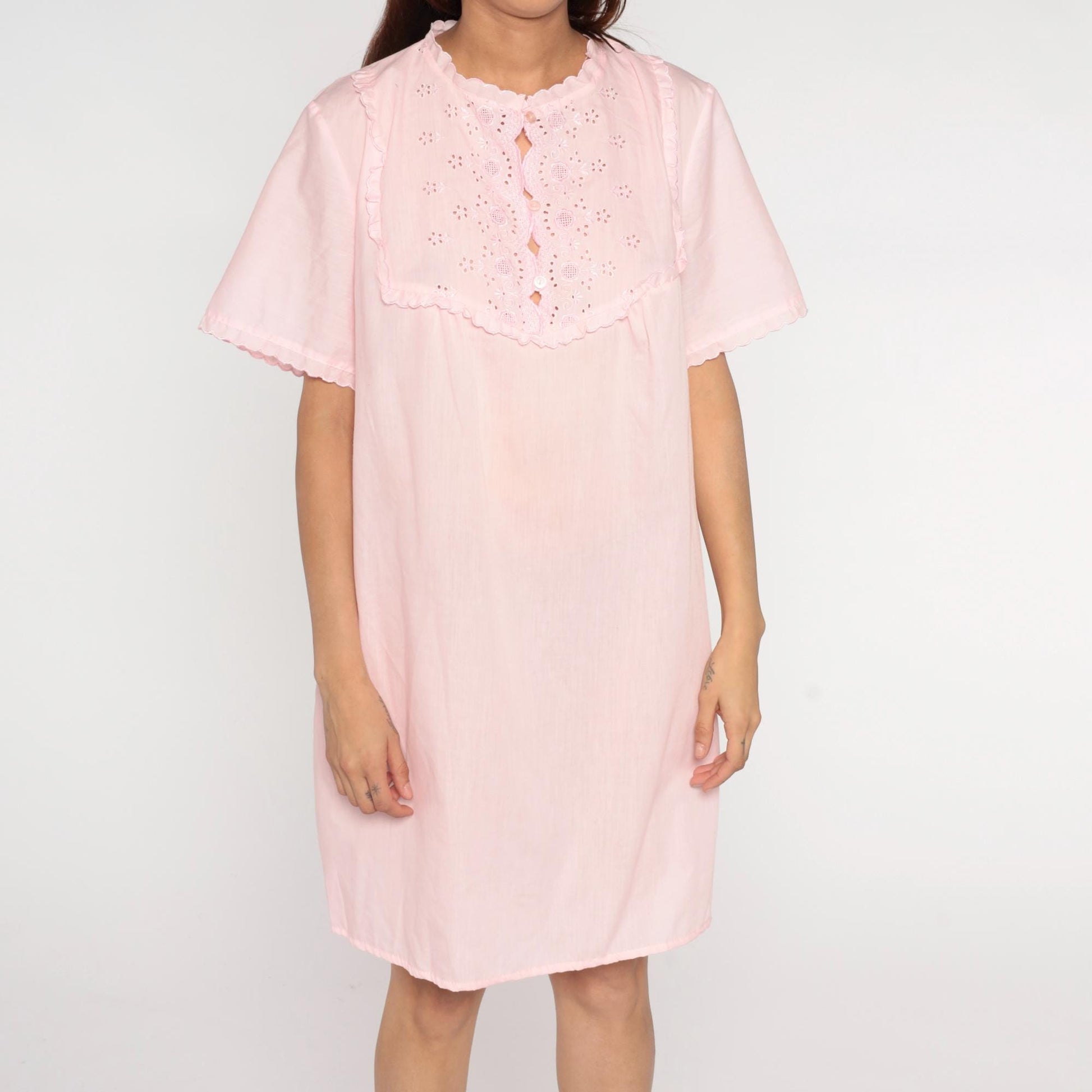 80s Miss Broadway Pink Eyelet Lace Nightgown Button Front Short Sleeve Large