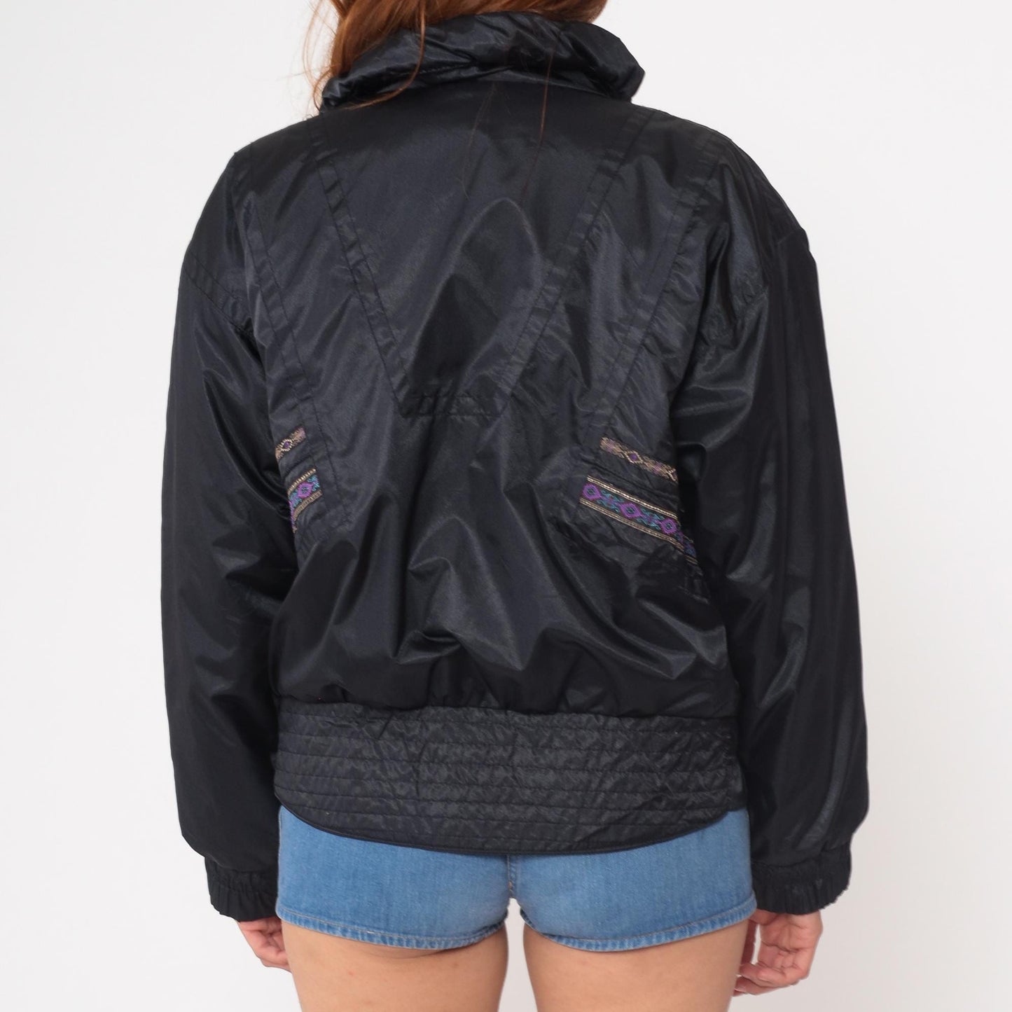 80s White Fir Windbreaker Jacket Black Aztec Tribal Embroidered Asymmetric Medium