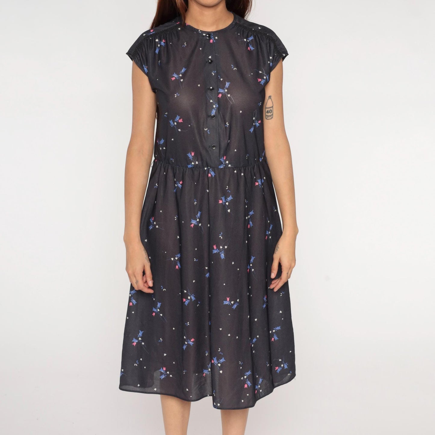 70s Grissom Lane Floral Midi Dress Black Button-Front Empire Waist Large