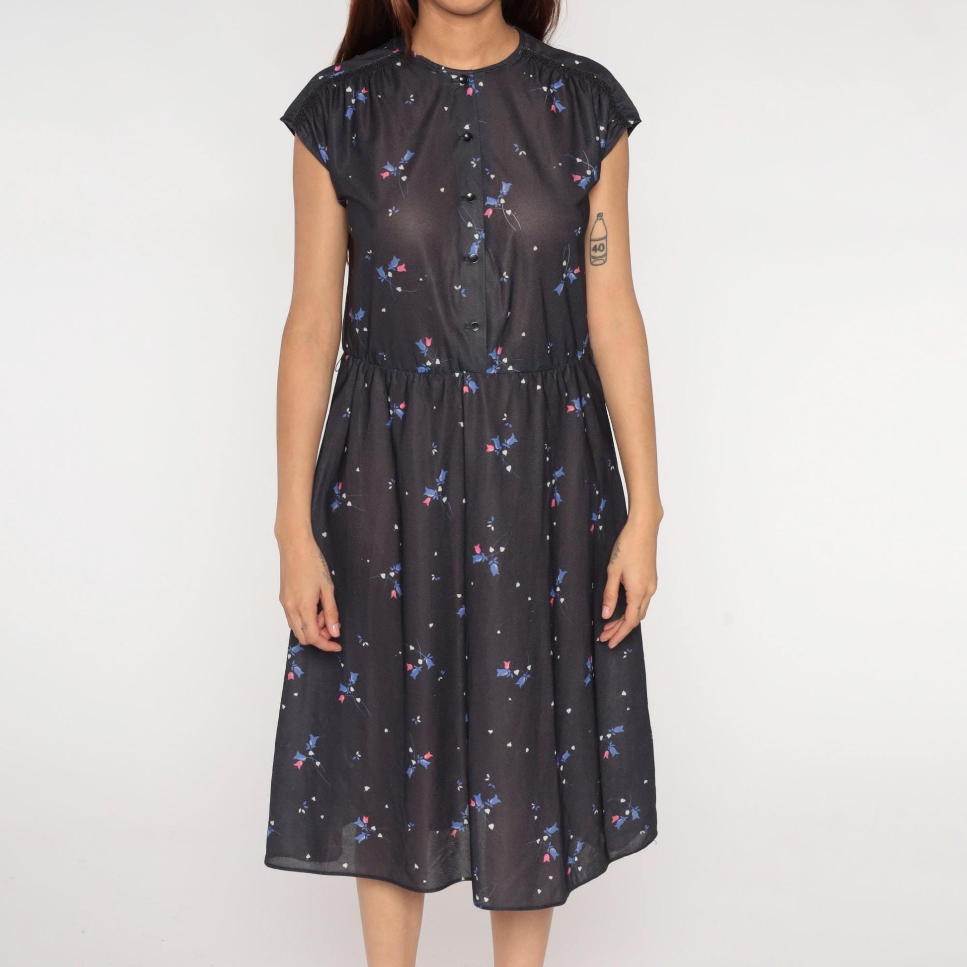 70s Grissom Lane Floral Midi Dress Black Button-Front Empire Waist Large