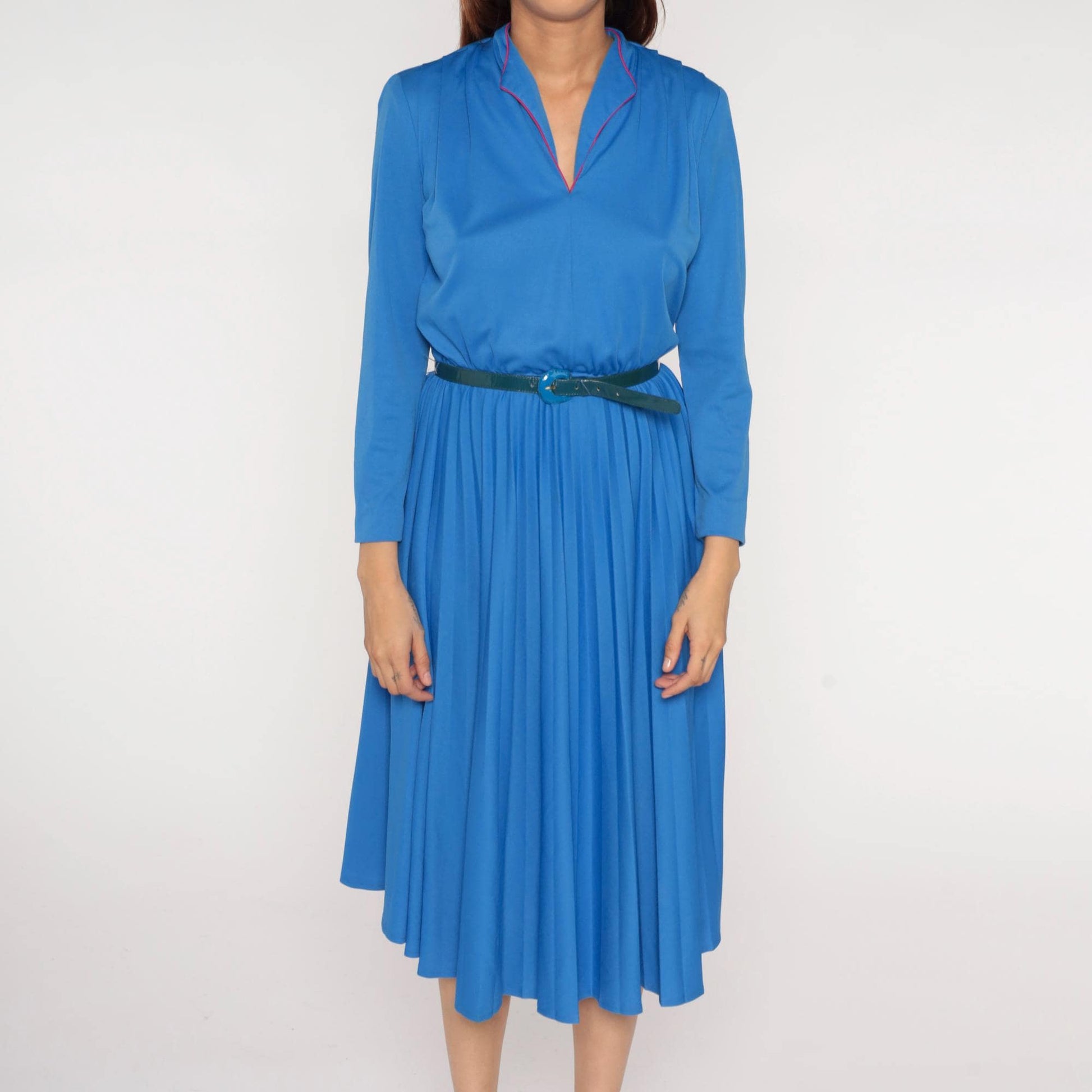 70s Royal Blue Midi Dress Red Piping Notch Collar Pleated Skirt Belt Medium Large